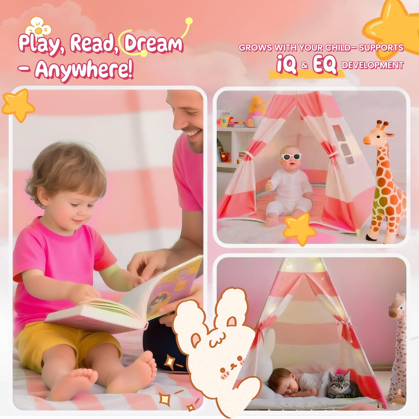Xiaowantong Kids Teepee Tent with Padded Mat, Lights & Carry Bag – Stripe Pink