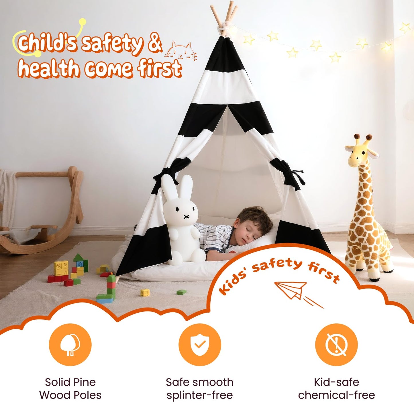 xiaowantong Teepee Tent for Kids with Carry Bag | Indoor Playhouse Stripe Black