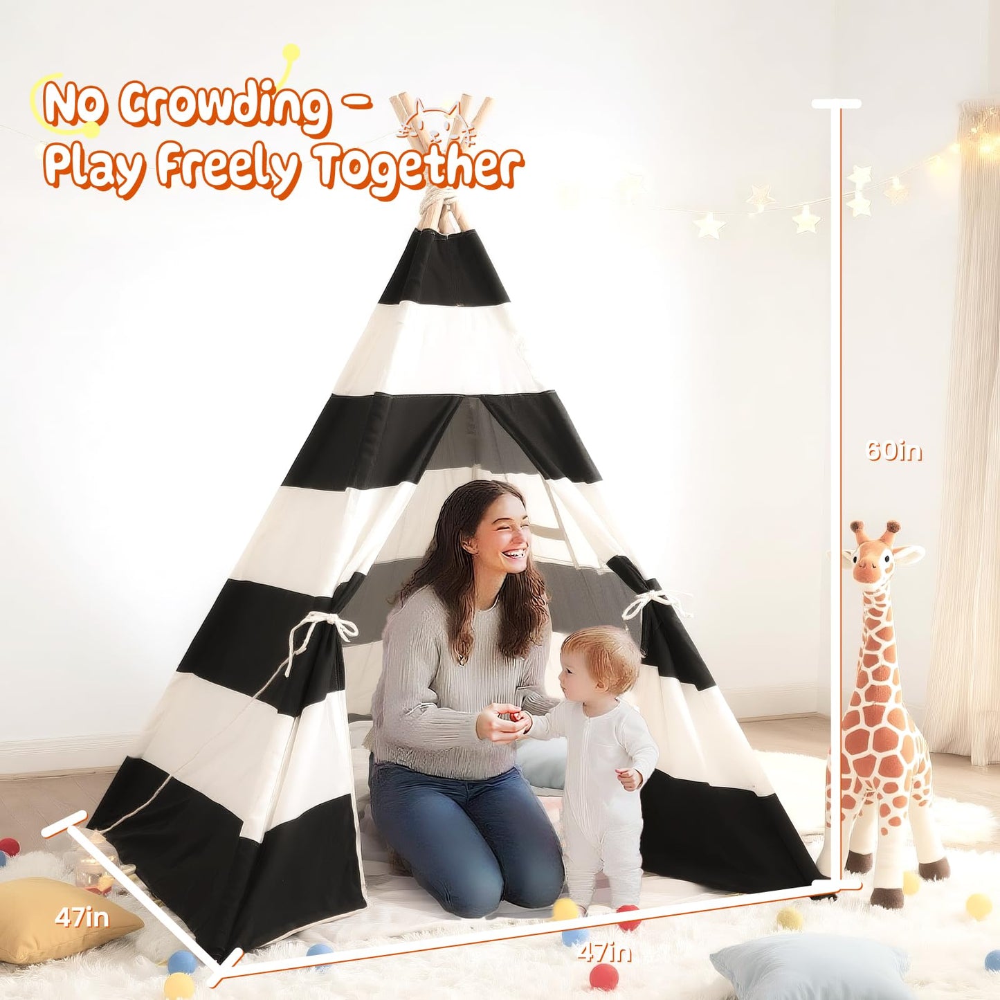 xiaowantong Teepee Tent for Kids with Carry Bag | Indoor Playhouse Stripe Black