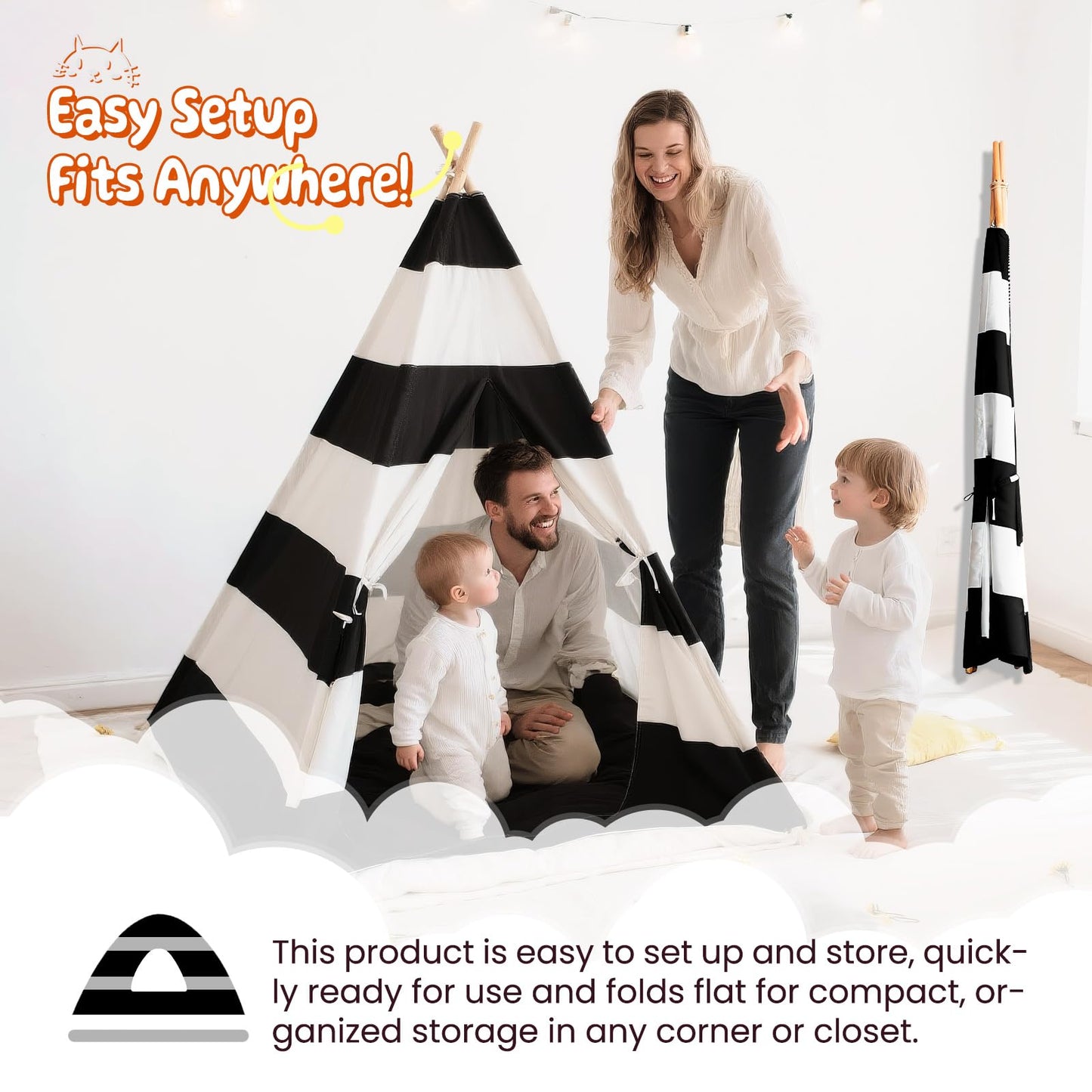 xiaowantong Teepee Tent for Kids with Carry Bag | Indoor Playhouse Stripe Black