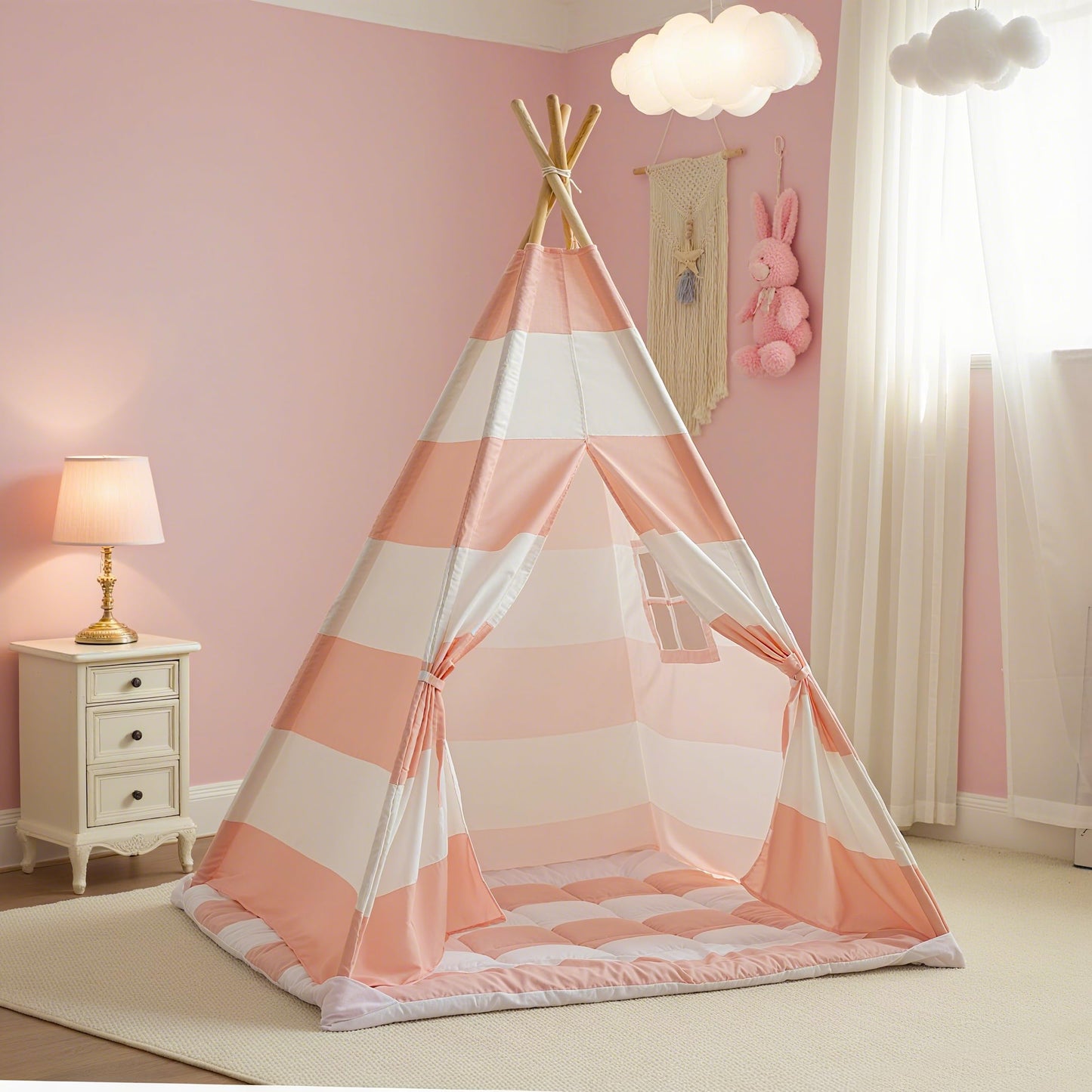Xiaowantong Kids Teepee Tent with Padded Mat, Lights & Carry Bag – Stripe Pink