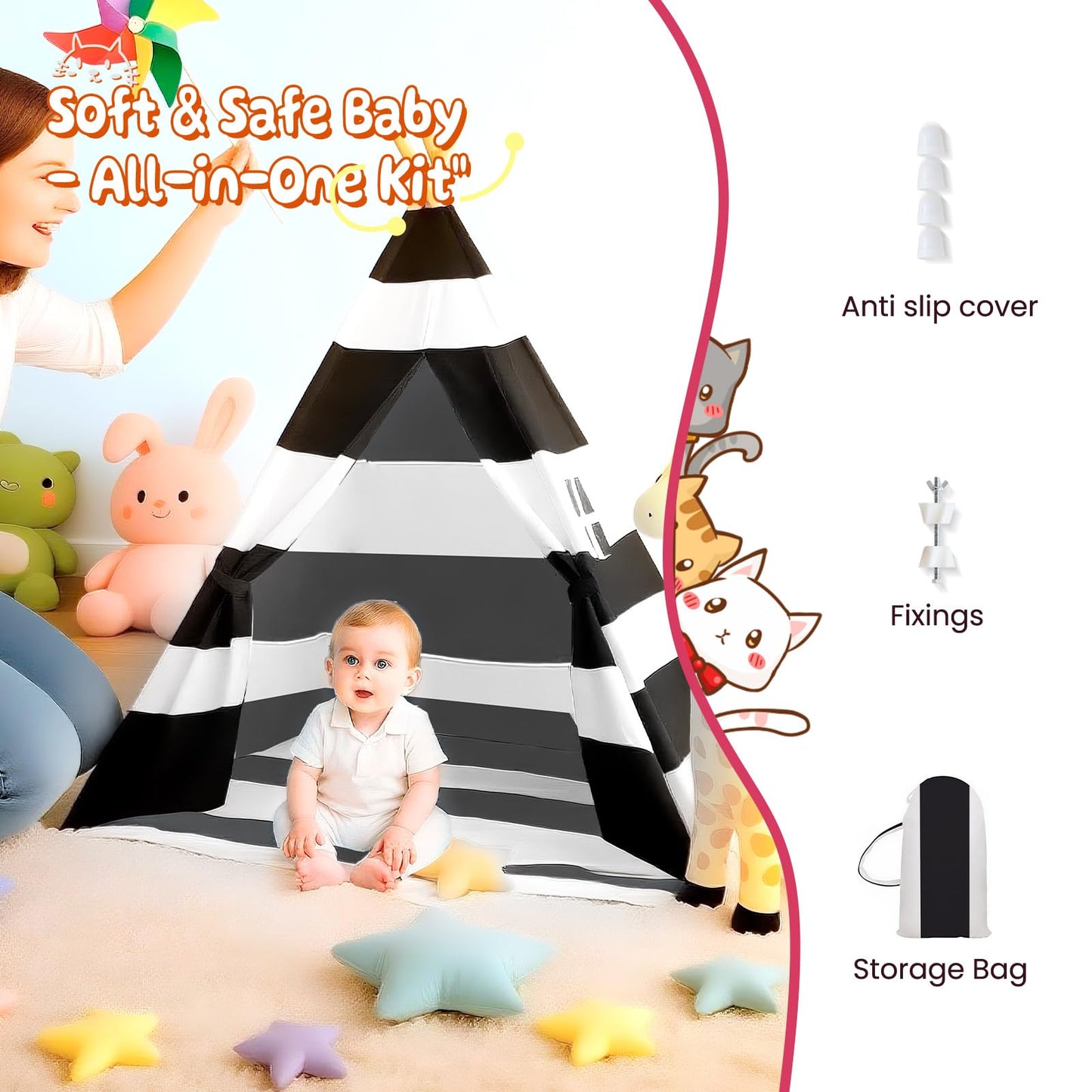 xiaowantong Teepee Tent for Kids with Carry Bag | Indoor Playhouse Stripe Black