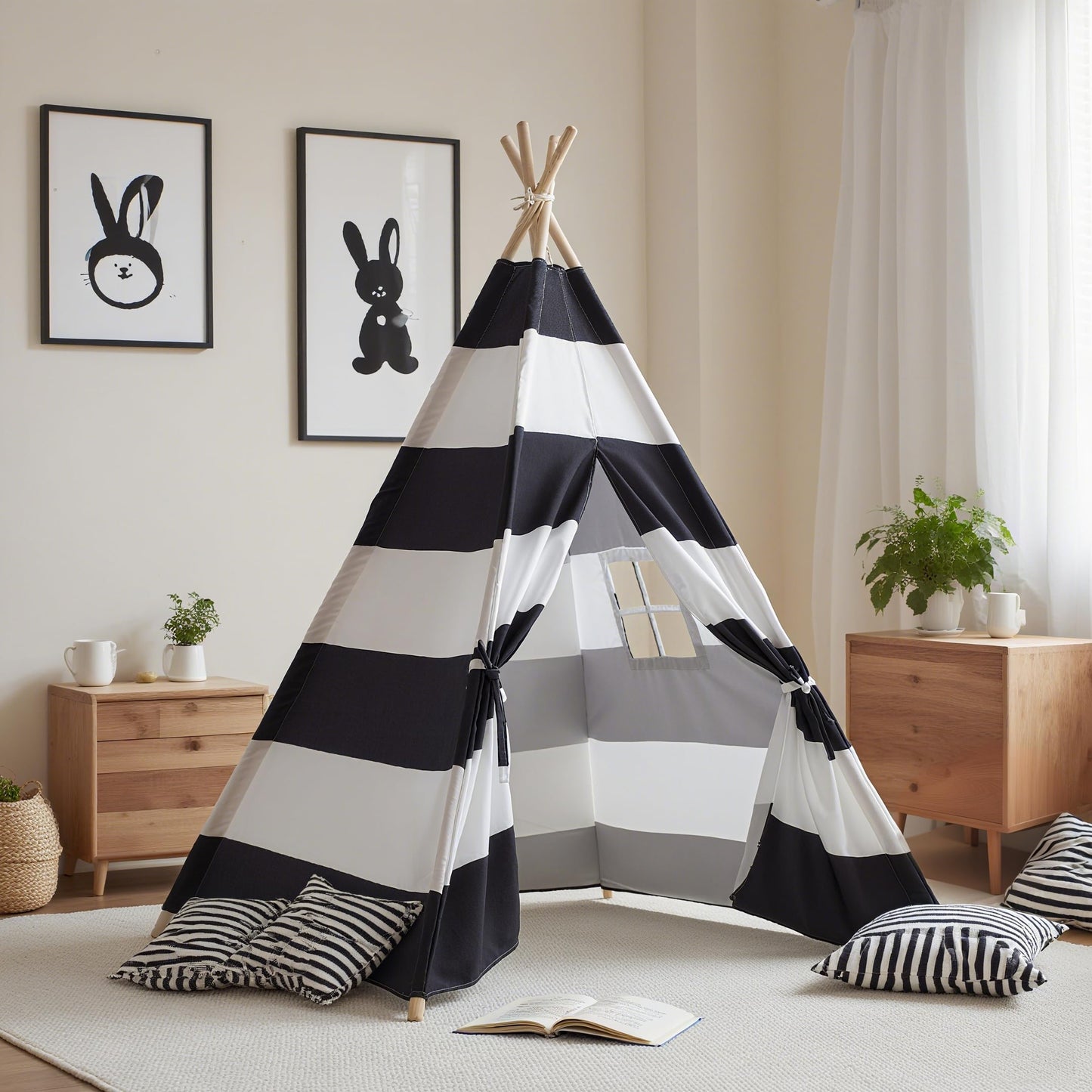 xiaowantong Teepee Tent for Kids with Carry Bag | Indoor Playhouse Stripe Black