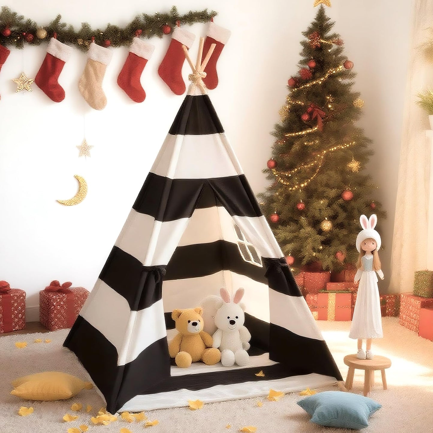 xiaowantong Teepee Tent for Kids with Carry Bag | Indoor Playhouse Stripe Black