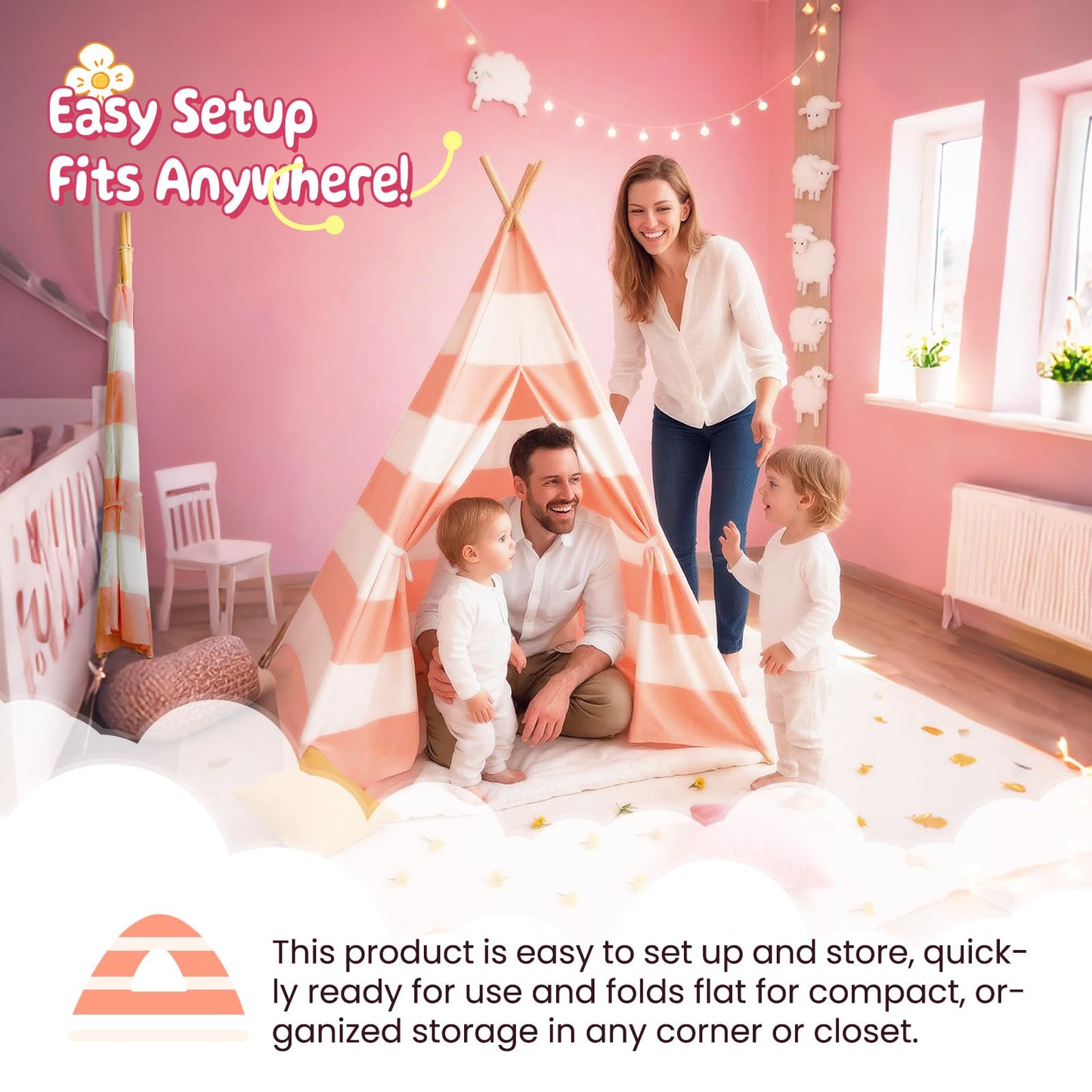 Xiaowantong Kids Teepee Tent with Padded Mat, Lights & Carry Bag – Stripe Pink