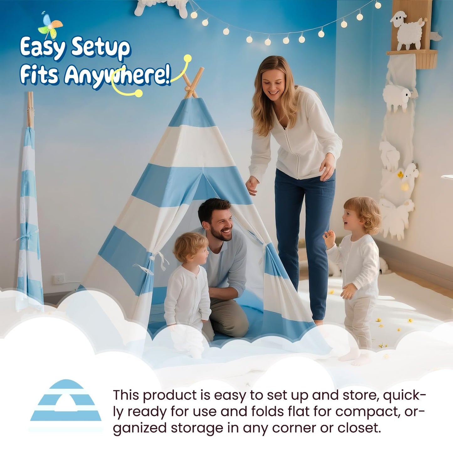 xiaowantong Teepee Tent for Kids with Padded Mat, Lights & Carry Bag – Indoor Stripe Blue Playhouse