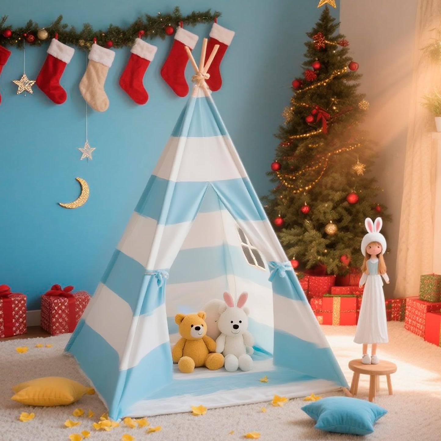 xiaowantong Teepee Tent for Kids with Padded Mat, Lights & Carry Bag – Indoor Stripe Blue Playhouse