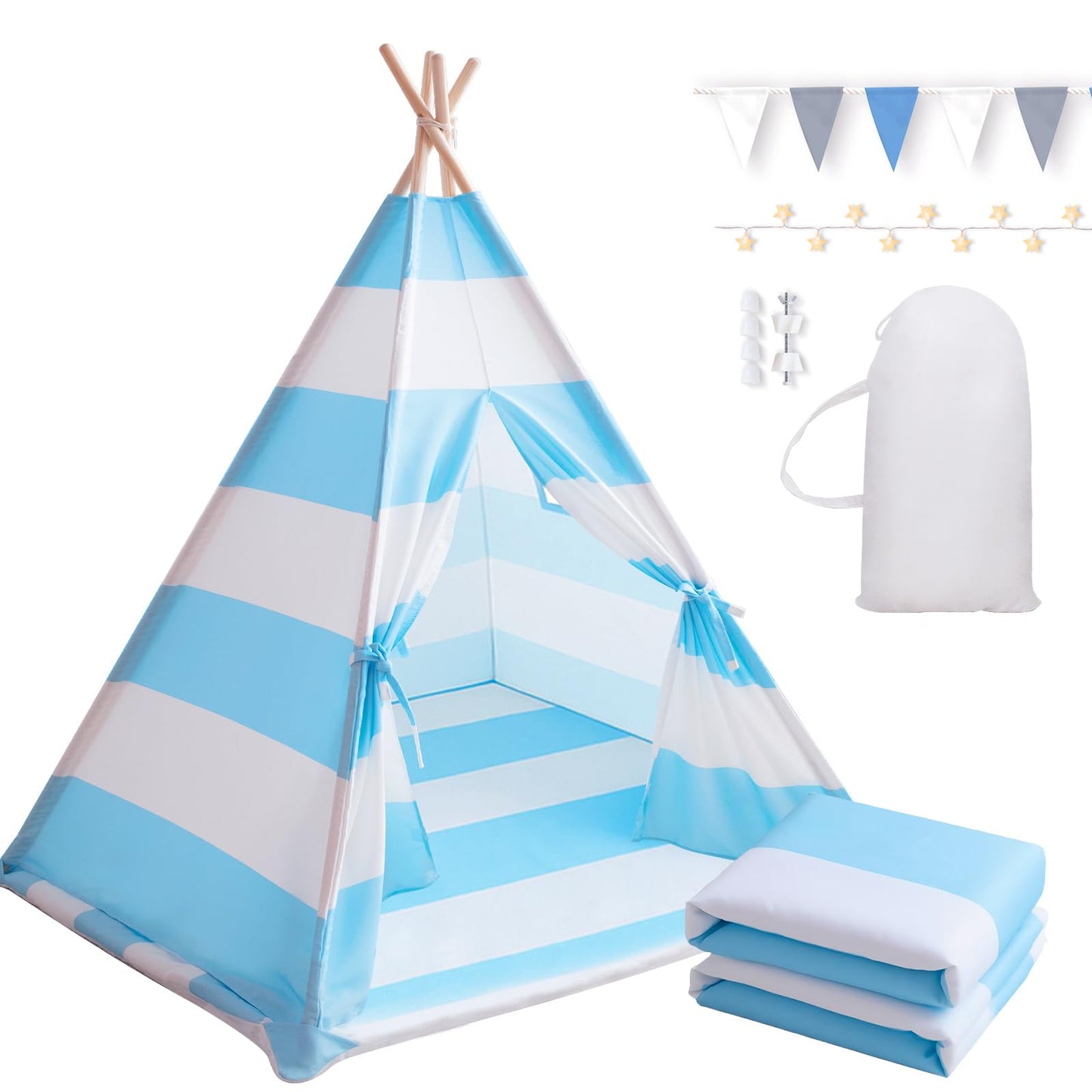 xiaowantong Teepee Tent for Kids with Padded Mat, Lights & Carry Bag – Indoor Stripe Blue Playhouse