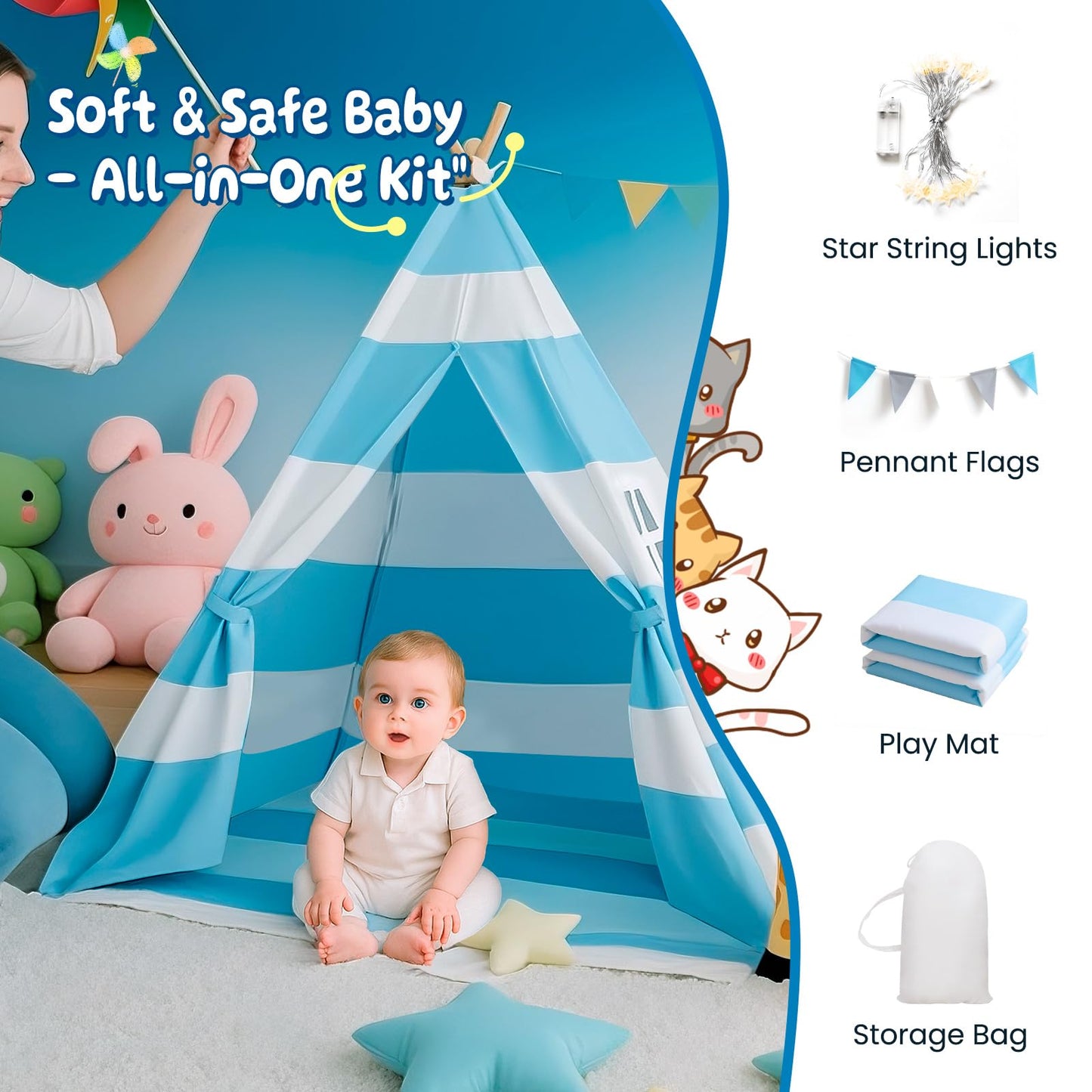 xiaowantong Teepee Tent for Kids with Padded Mat, Lights & Carry Bag – Indoor Stripe Blue Playhouse