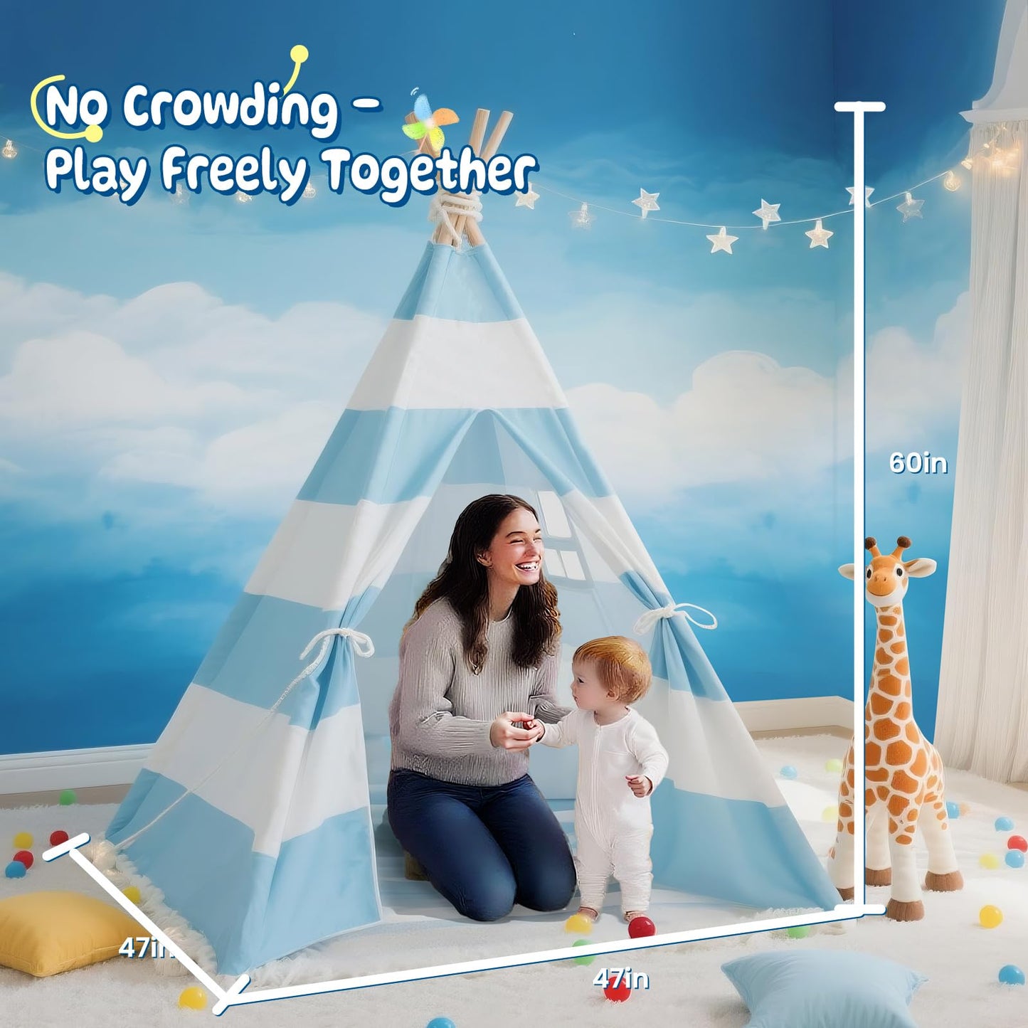 xiaowantong Teepee Tent for Kids with Padded Mat, Lights & Carry Bag – Indoor Stripe Blue Playhouse