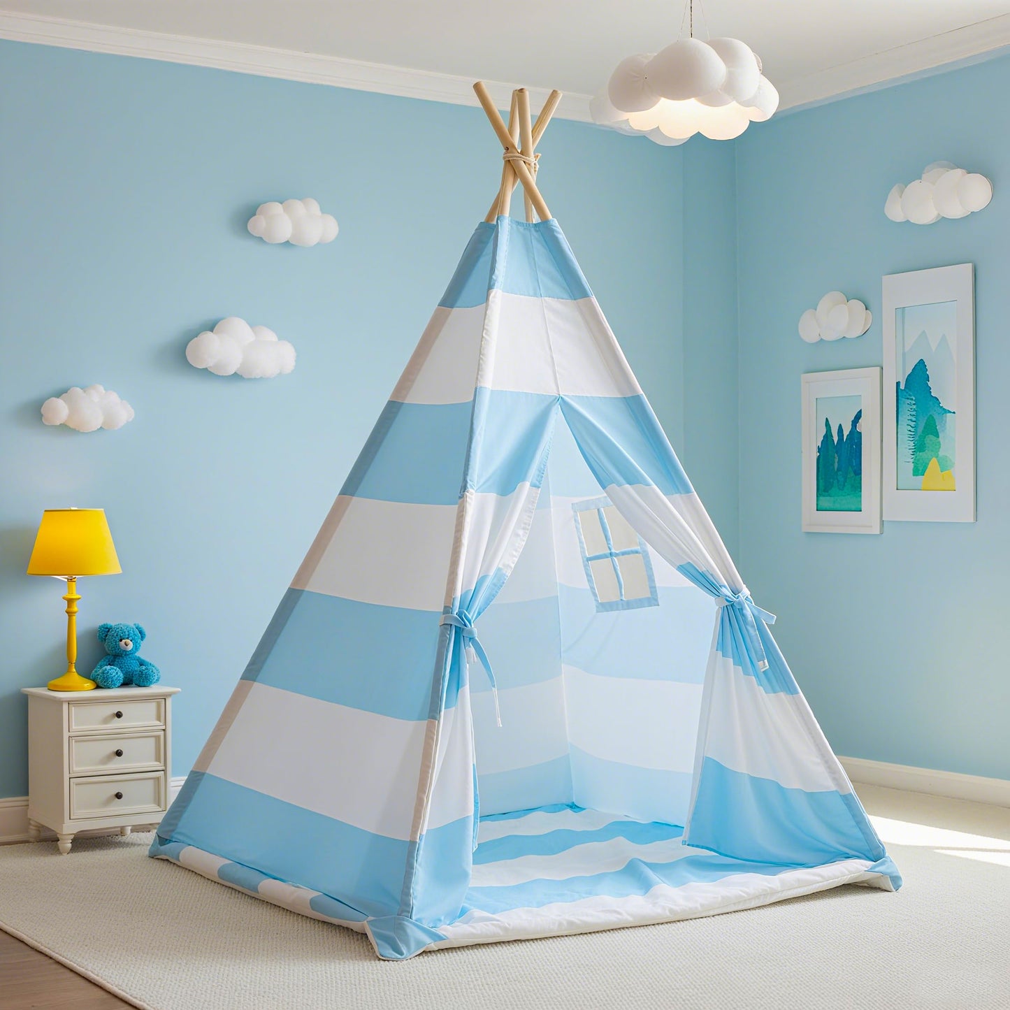 xiaowantong Teepee Tent for Kids with Padded Mat, Lights & Carry Bag – Indoor Stripe Blue Playhouse