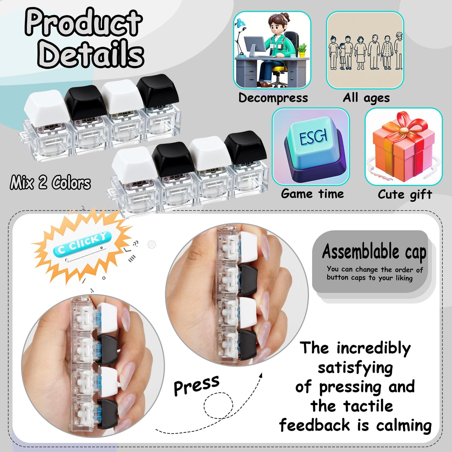 XiawaLangzhuo 2 Pack Keyboard Fidget Toy Keychain - 4-in-1 Decompression Button for Adults (Black & White)