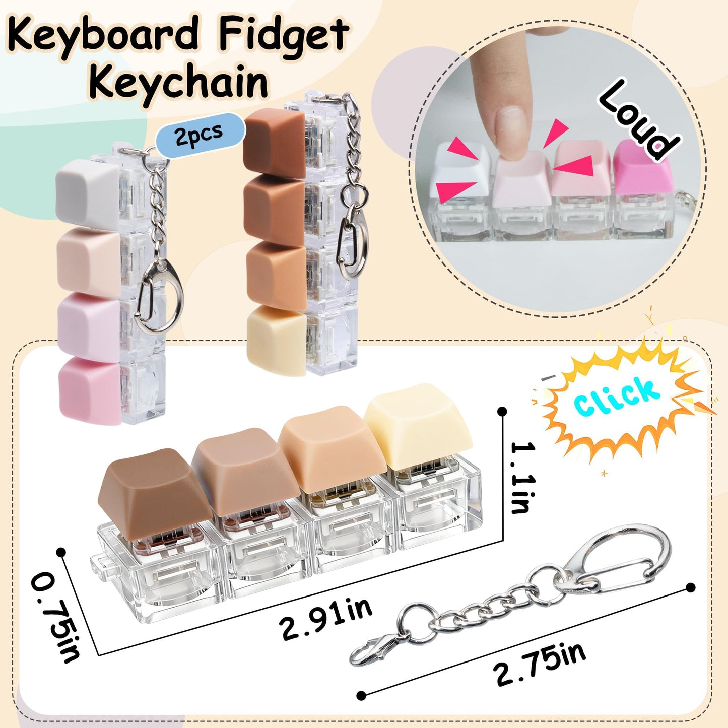 XiawaLangzhuo 2-Pack Keyboard Fidget Toy – 4-in-1 Button Keychain (Morandi)