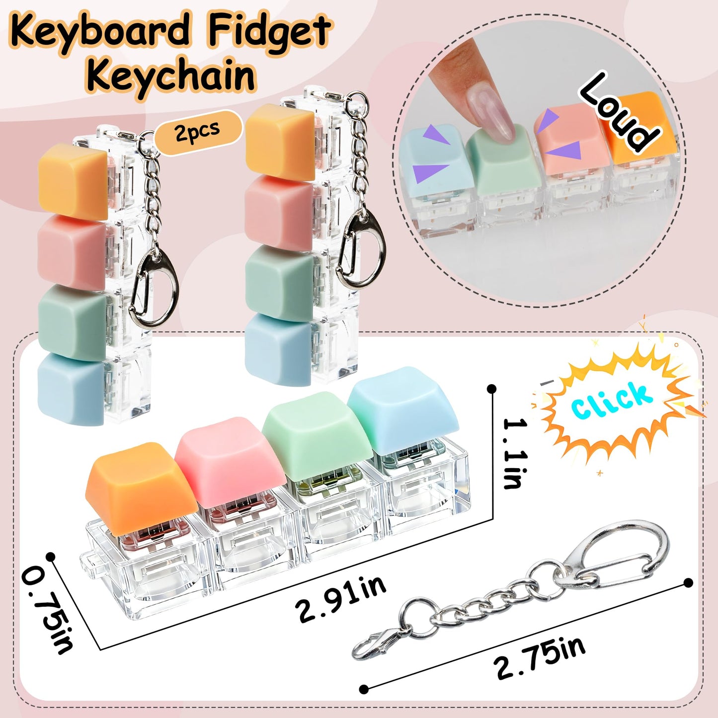 XiawaLangzhuo 2-Pack Keyboard Fidget Toy - 4-in-1 Button Clicker Keychain for Stress Relief (Pink/Orange/Blue)