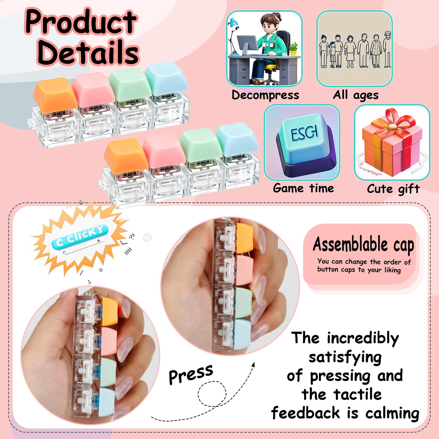 XiawaLangzhuo 2-Pack Keyboard Fidget Toy - 4-in-1 Button Clicker Keychain for Stress Relief (Pink/Orange/Blue)