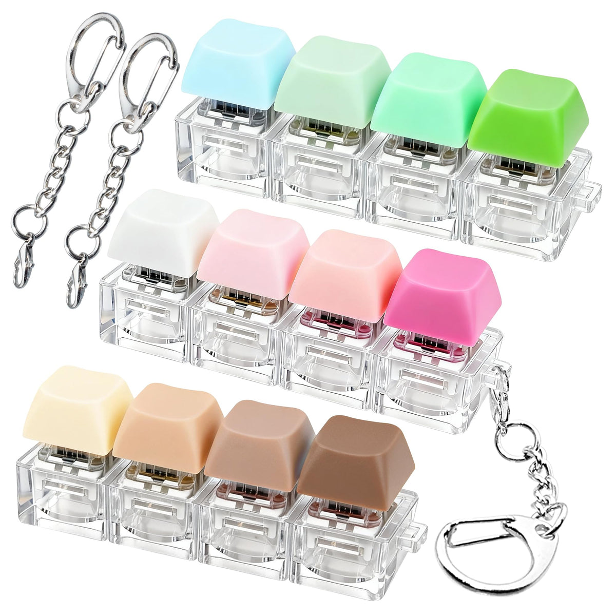 XiawaLangzhuo 3-Pack Keyboard Fidget Toy – 4-in-1 Button Decompression Keychains (Brown, Pink, Green)