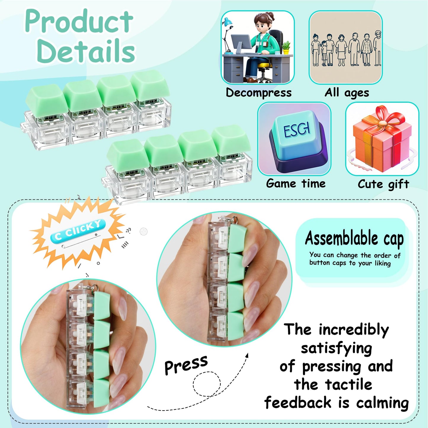 XiawaLangzhuo 2 Pcs Keyboard Fidget Toy – 4-in-1 Keychain Stress Relief (Light Green)