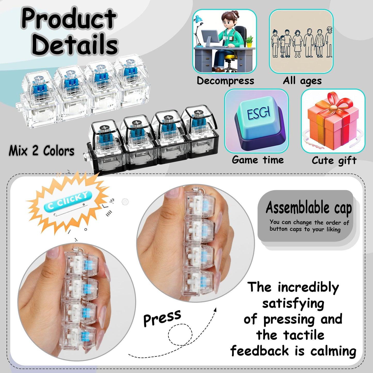 XiawaLangzhuo 2-pack Keyboard Fidget Toy — 4-in-1 Keychain for Stress Relief