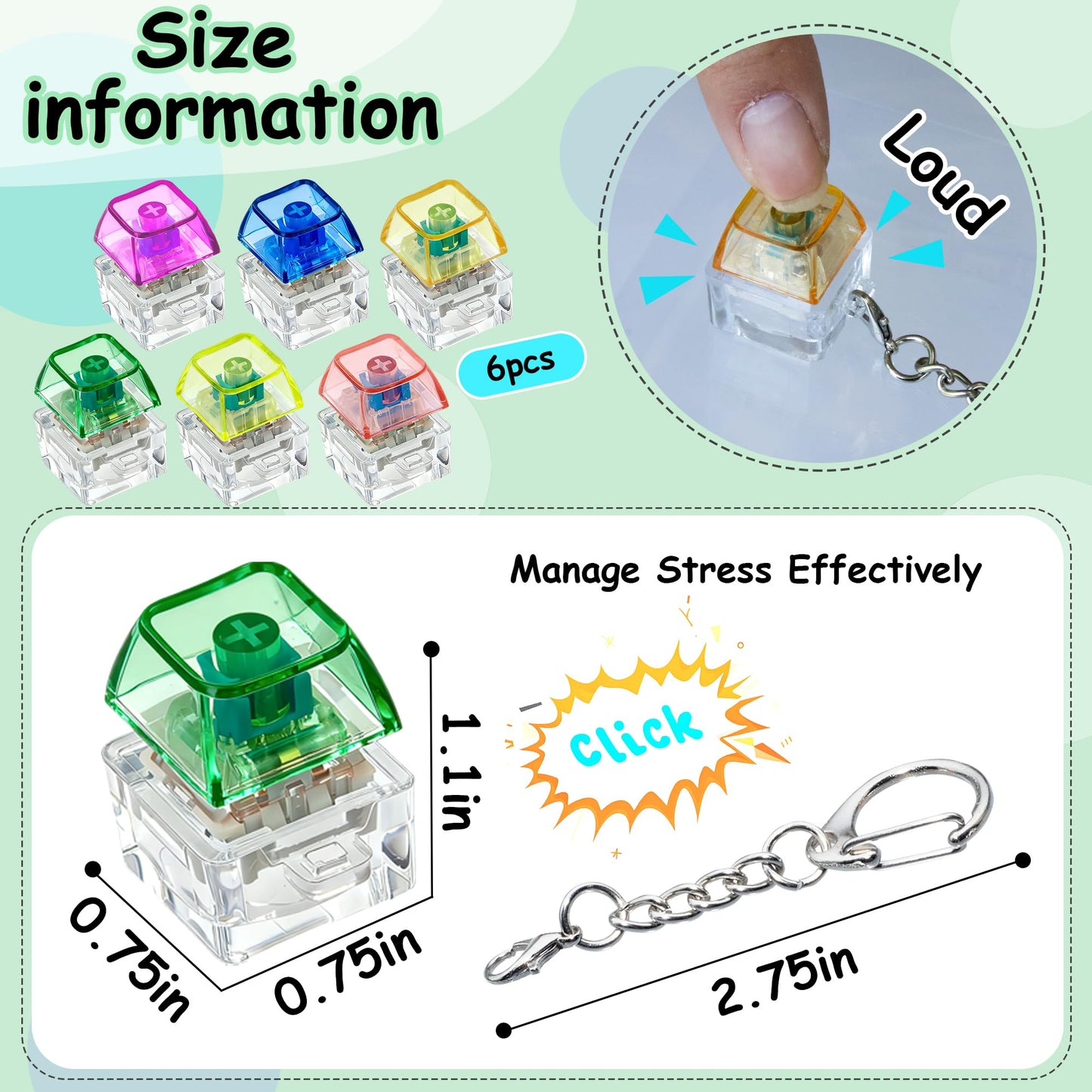 XiawaLangzhuo 6 Pack Keyboard Fidget Toy Keychain — Colorful Stress Relief Button Clickers