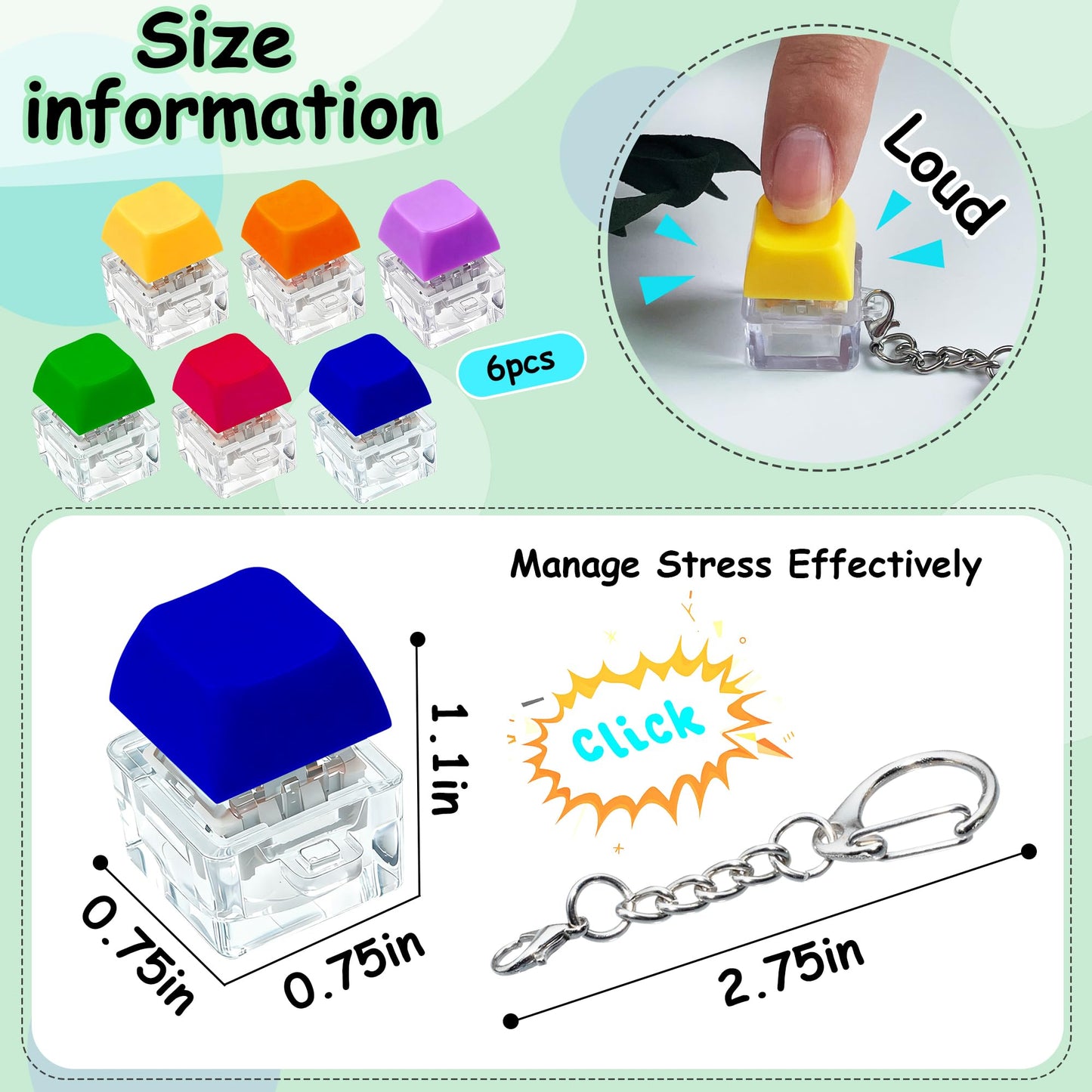 XiawaLangzhuo 6-Pack Keyboard Fidget Toy Keychain – Stress Relief Clickers (Mix Bright)