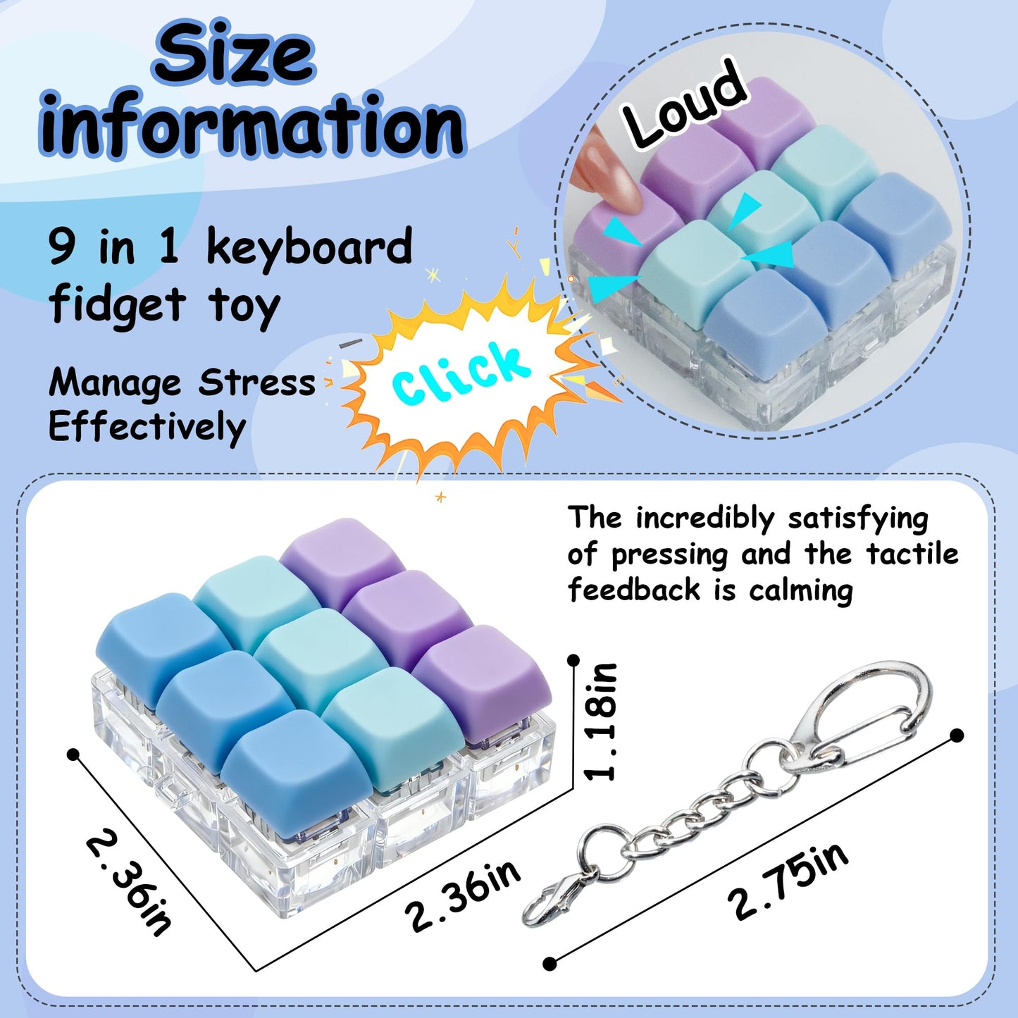 XiawaLangzhuo Keyboard Fidget Toy 9-in-1 Keychain – 3 Colors (Blue, Purple)