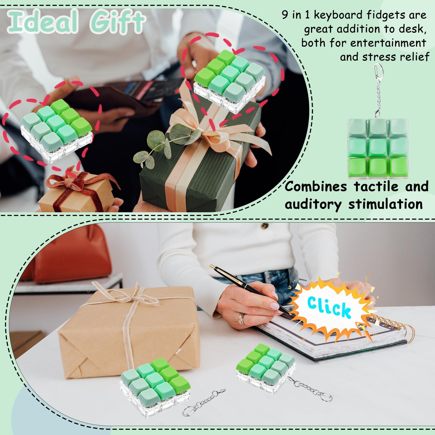 XiawaLangzhuo Keyboard Fidget Toy 9-in-1 Decompression Button Green – Portable Stress Relief Keychain