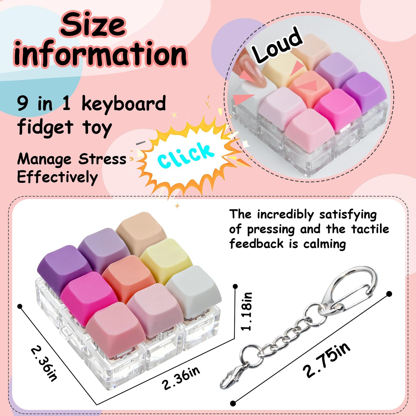 XiawaLangzhuo 9-in-1 Keyboard Fidget Toy & Keychain – 9 Colors (Pink Purple)