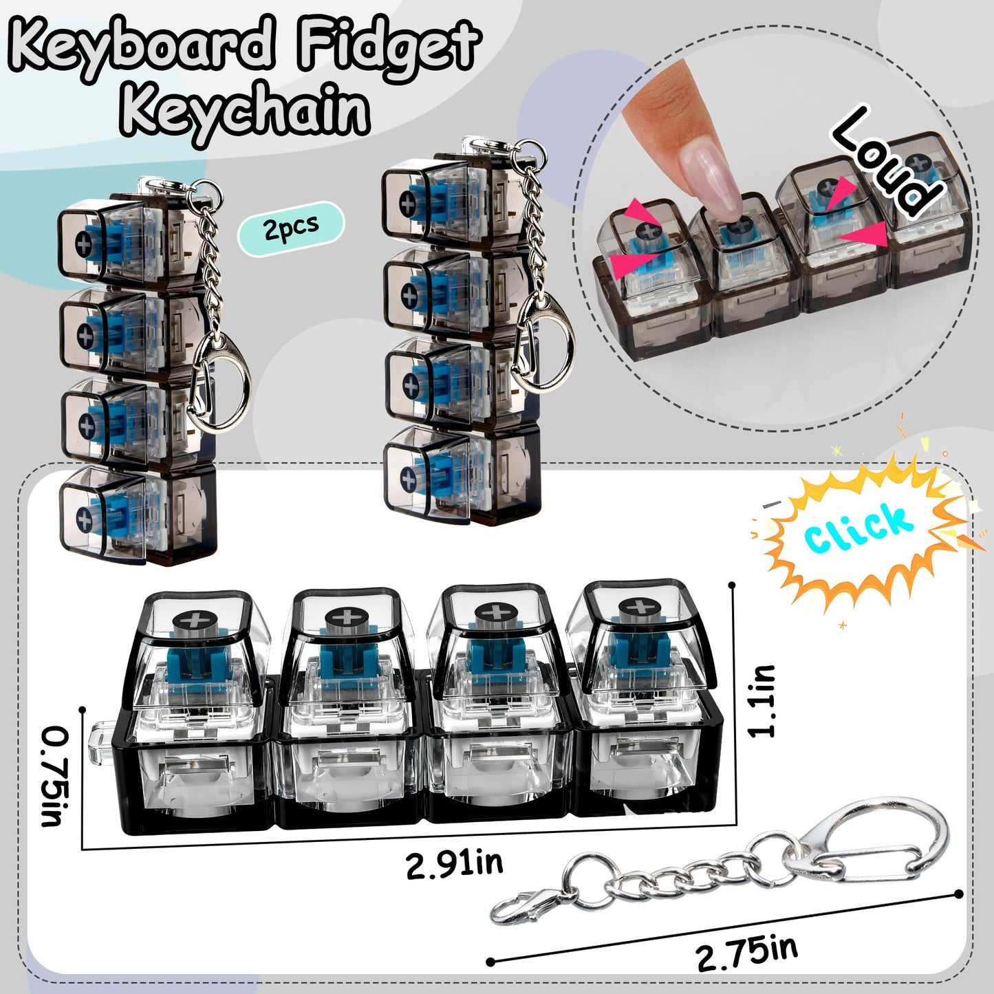 XiawaLangzhuo 2-Pack Keyboard Fidget Toy – 4-in-1 Clicker Keychain (Transparent Black)