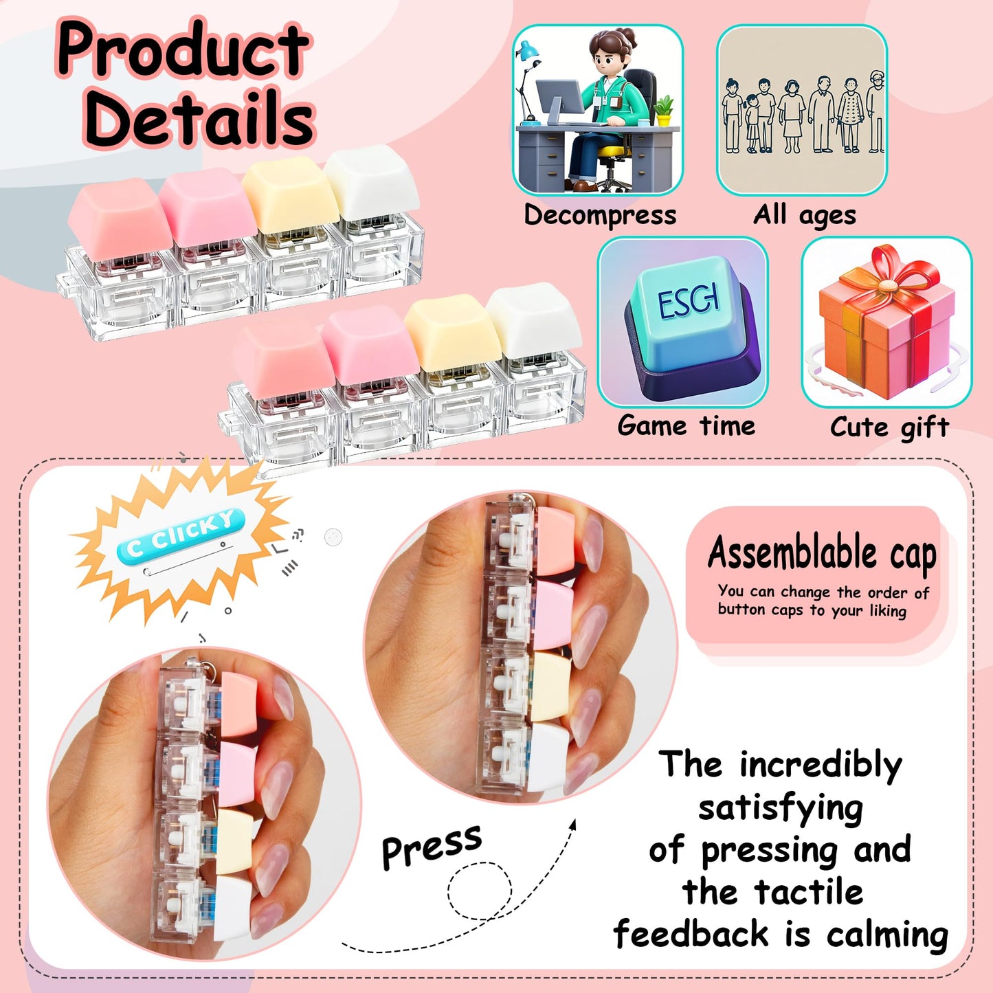 XiawaLangzhuo 2-Pack Keyboard Fidget Toy • 4-in-1 Decompression Button Keychain • Stress Relief Finger Clicker (Pink, Yellow, White)