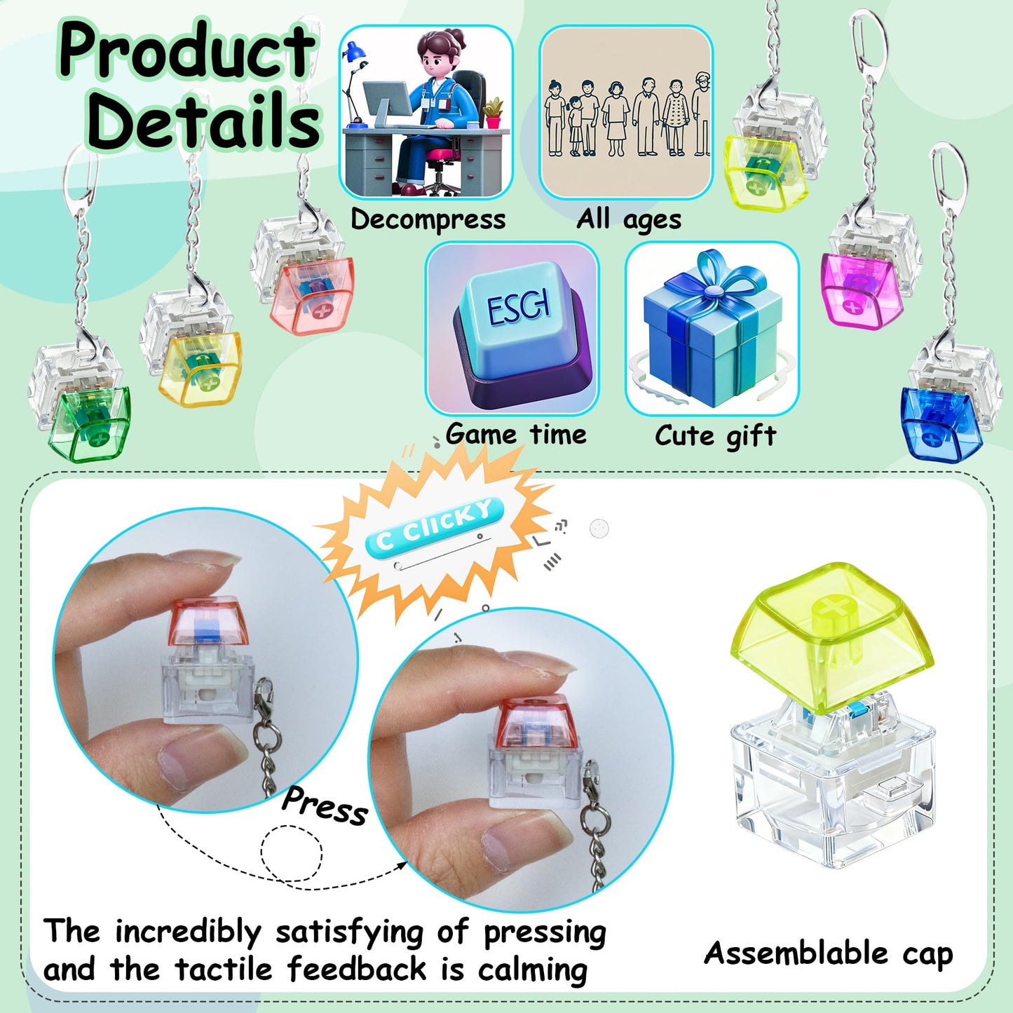 XiawaLangzhuo 6 Pack Keyboard Fidget Toy Keychain — Colorful Stress Relief Button Clickers