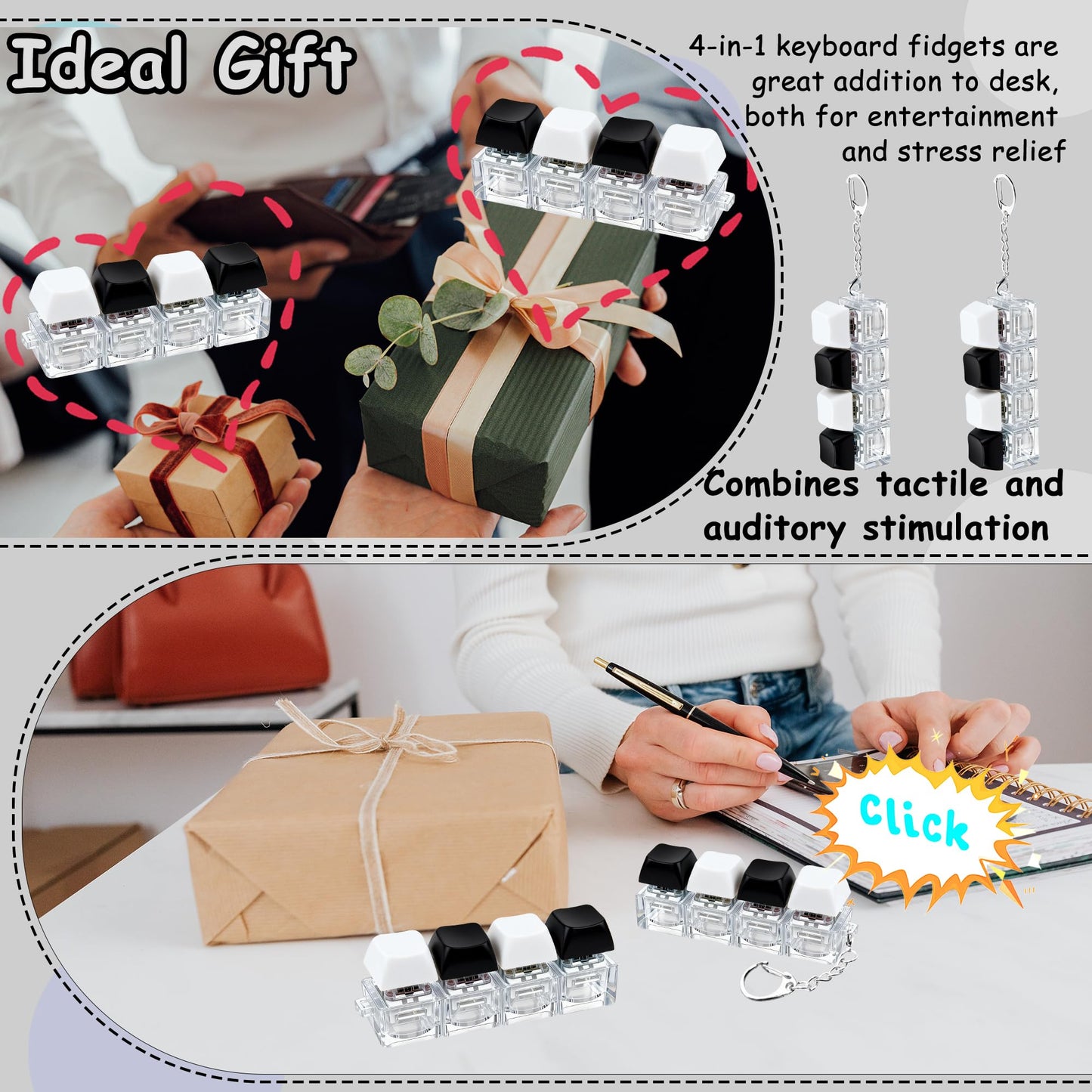 XiawaLangzhuo 2 Pack Keyboard Fidget Toy Keychain - 4-in-1 Decompression Button for Adults (Black & White)