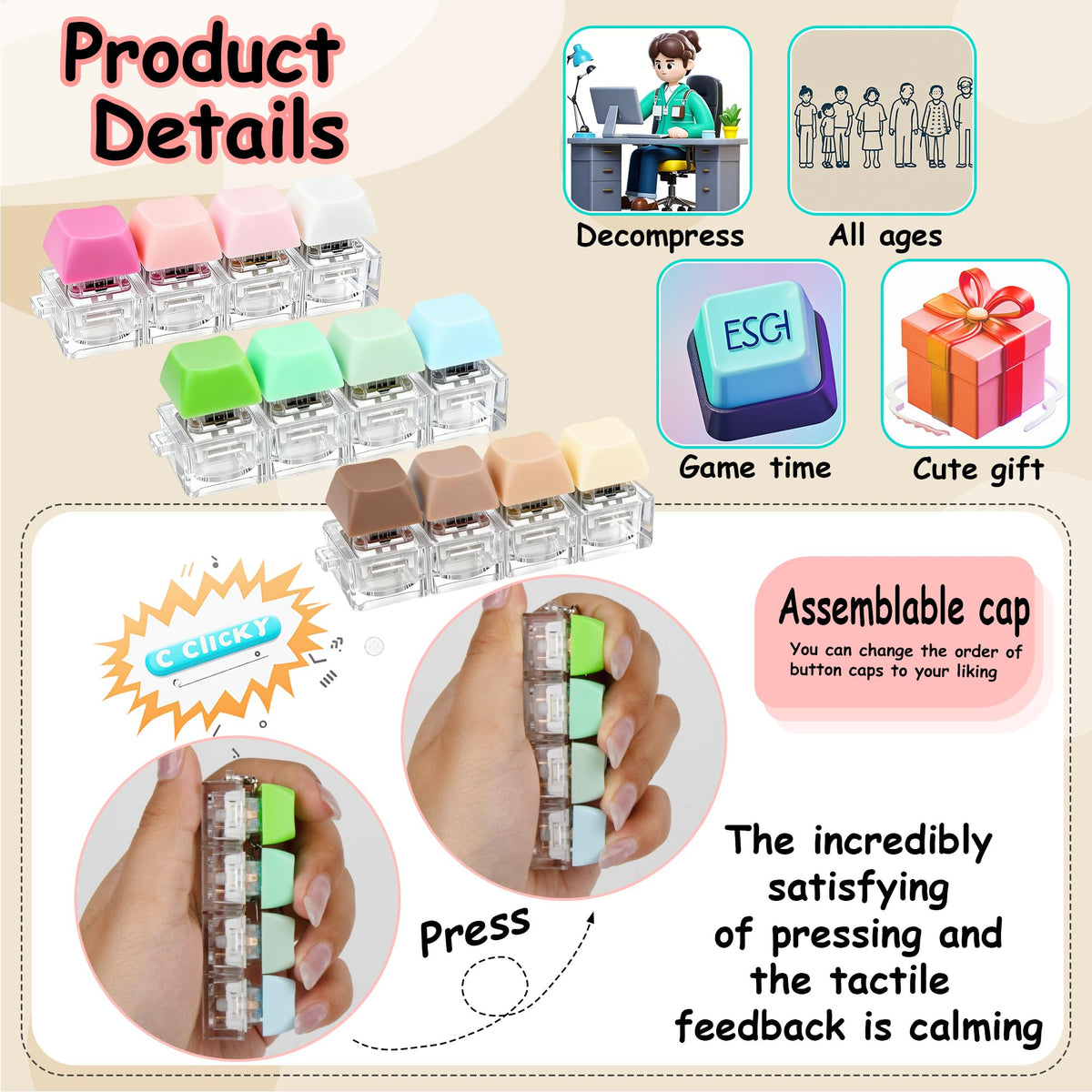 XiawaLangzhuo 3-Pack Keyboard Fidget Toy – 4-in-1 Button Decompression Keychains (Brown, Pink, Green)