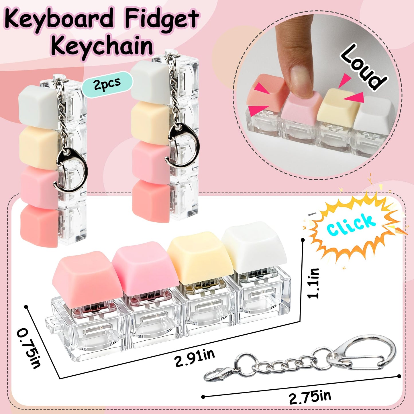 XiawaLangzhuo 2-Pack Keyboard Fidget Toy • 4-in-1 Decompression Button Keychain • Stress Relief Finger Clicker (Pink, Yellow, White)