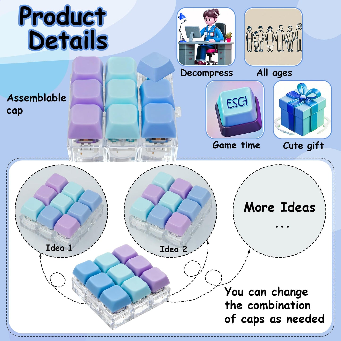 XiawaLangzhuo Keyboard Fidget Toy 9-in-1 Keychain – 3 Colors (Blue, Purple)
