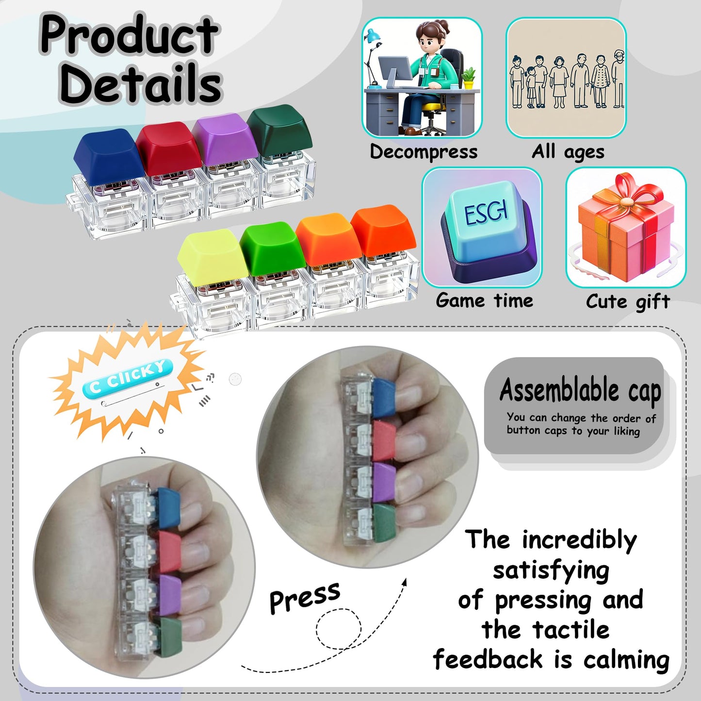 XiawaLangzhuo 2-Pc Keyboard Fidget Toy – 4-in-1 Keychain Clicker for Focus