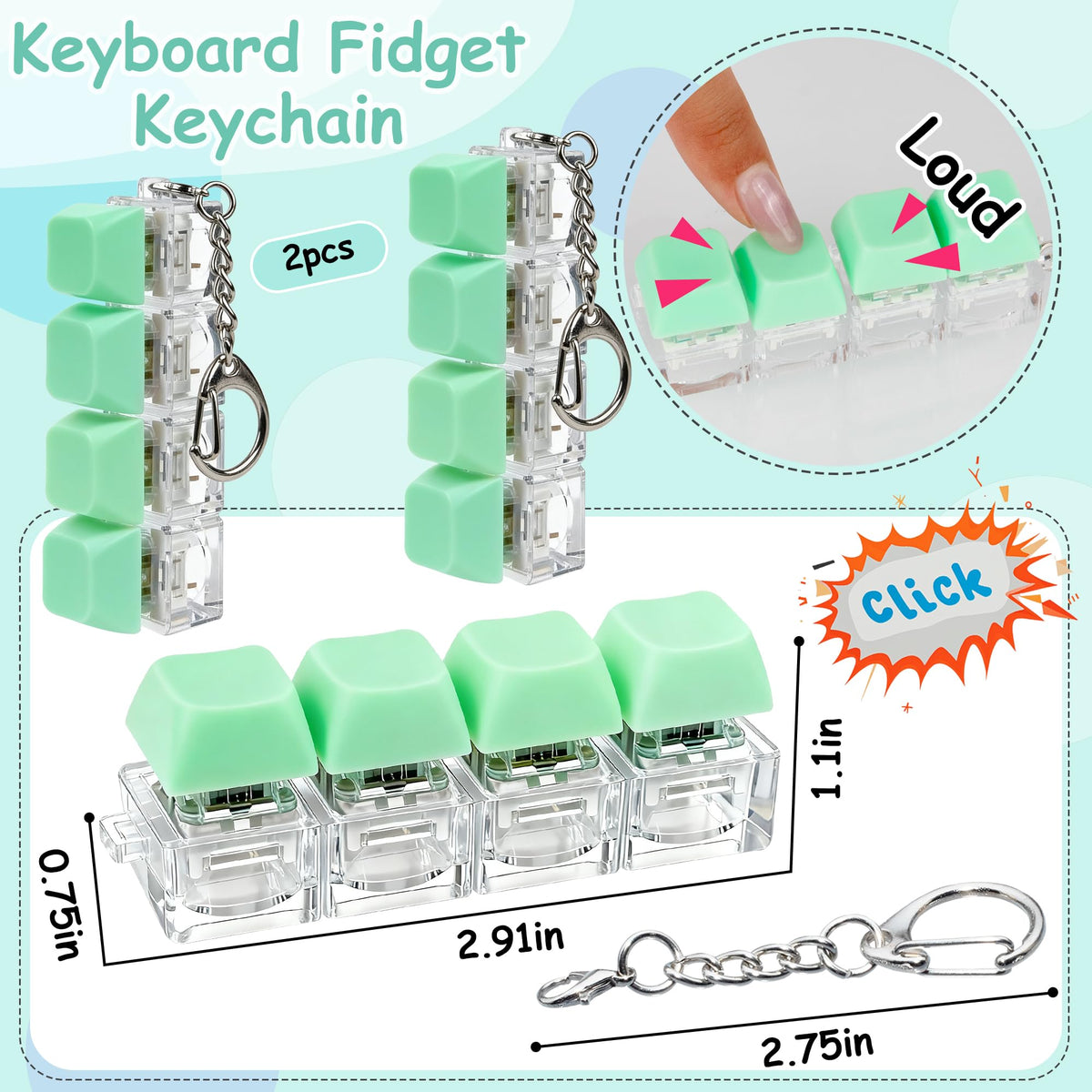 XiawaLangzhuo 2 Pcs Keyboard Fidget Toy – 4-in-1 Keychain Stress Relief (Light Green)