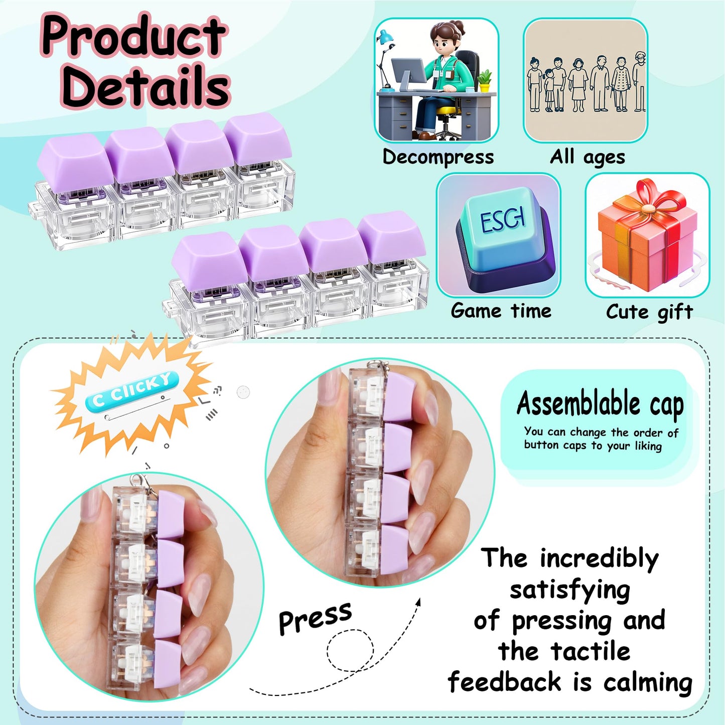XiawaLangzhuo 2-Pack Keyboard Fidget Toy – Purple 4-in-1 Decompression Button Keychain