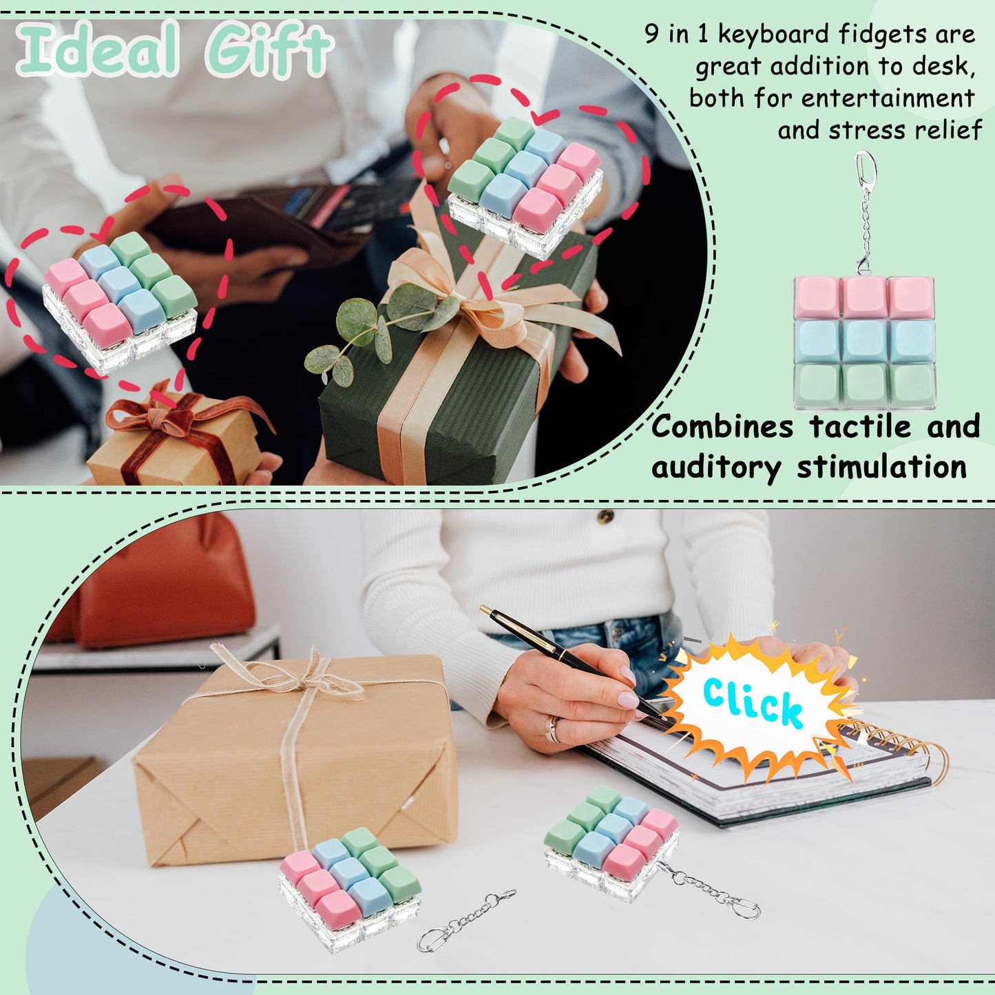 XiawaLangzhuo Keyboard Fidget Toy 9-in-1, 3 Colors, Keychain Decompression Button for Stress Relief and Focus