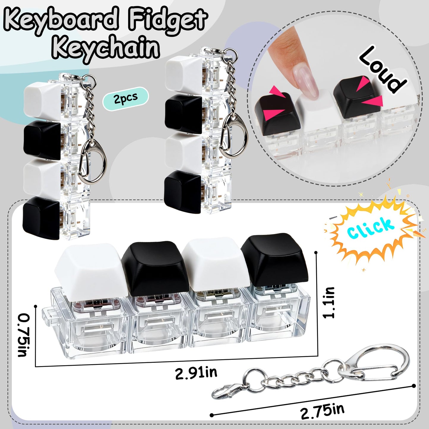 XiawaLangzhuo 2 Pack Keyboard Fidget Toy Keychain - 4-in-1 Decompression Button for Adults (Black & White)