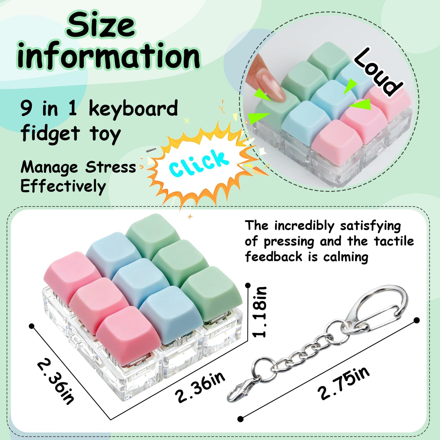XiawaLangzhuo Keyboard Fidget Toy 9-in-1, 3 Colors, Keychain Decompression Button for Stress Relief and Focus