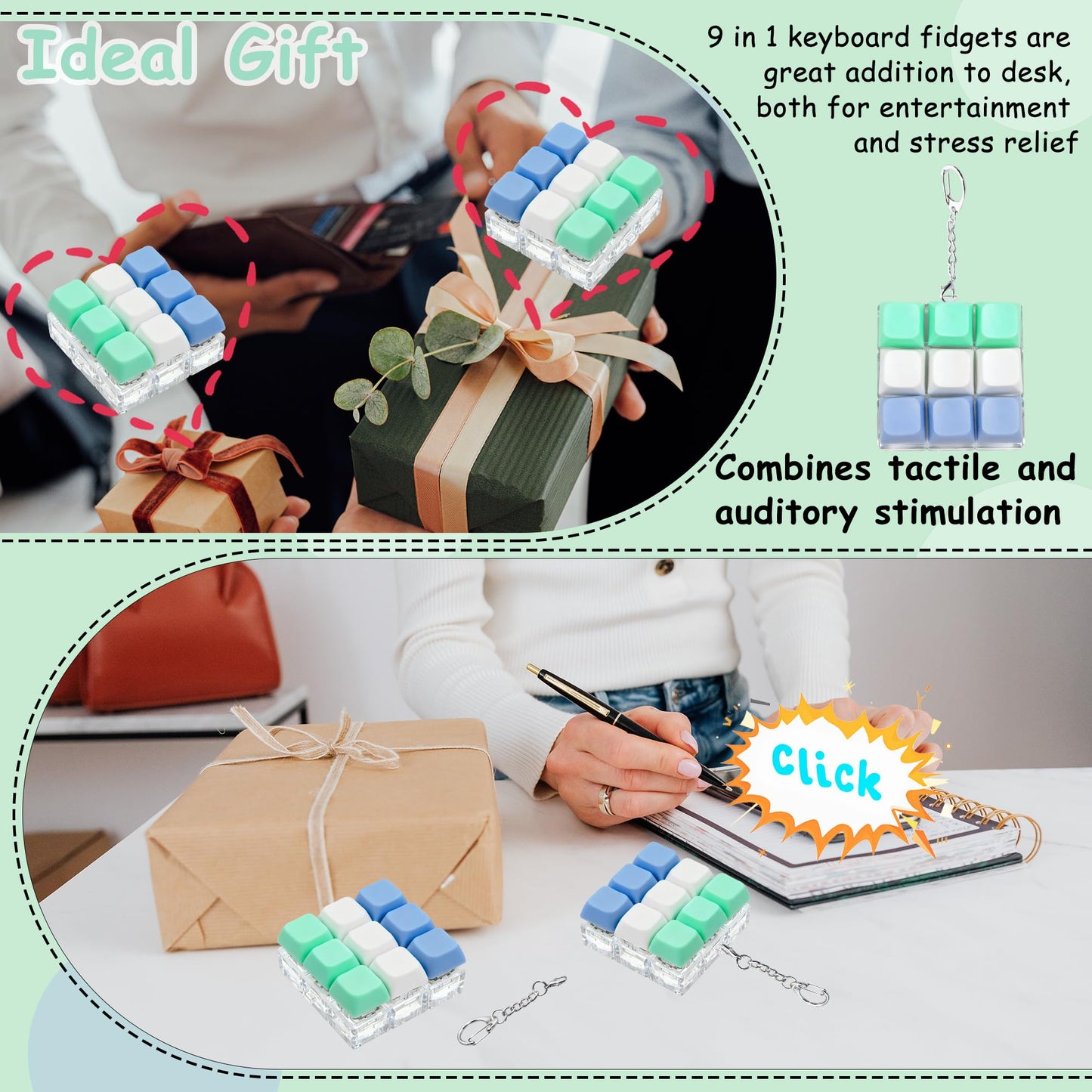 XiawaLangzhuo 9-in-1 Keyboard Fidget Toy – Decompression Button Keychain (Blue, White, Green)