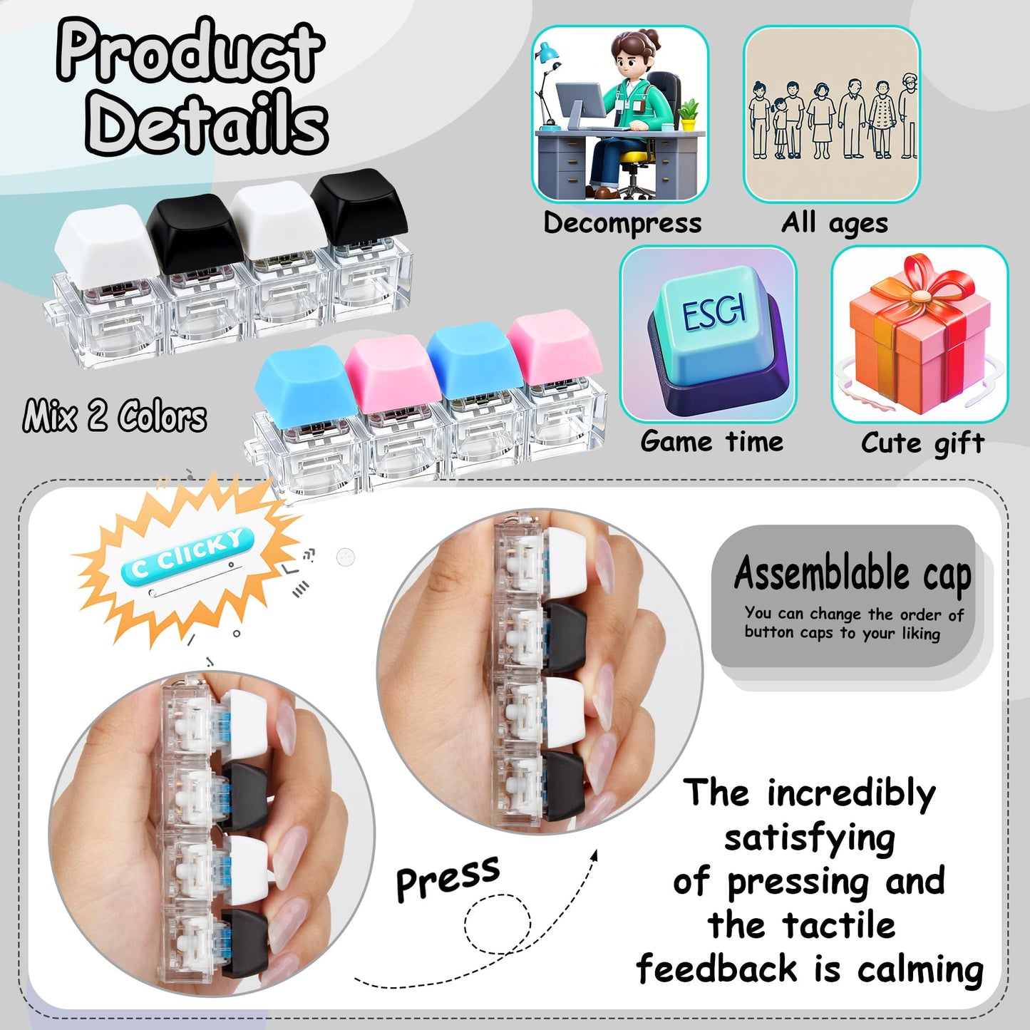 XiawaLangzhuo 2-Pack Keyboard Fidget Toy – 4-in-1 Keychain Clickers for Focus and Stress Relief