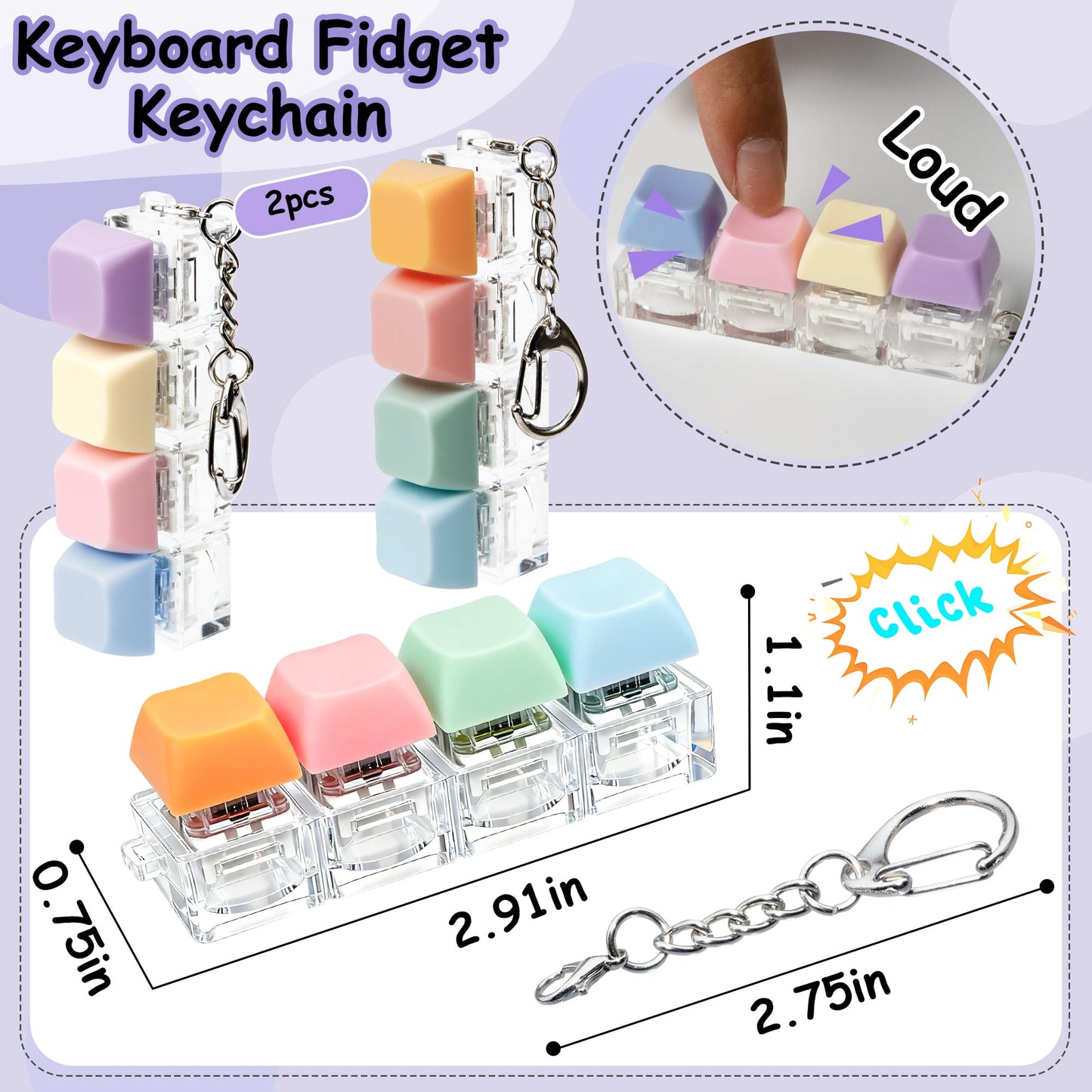 XiawaLangzhuo 2-Pack Keyboard Fidget Toy – 4-in-1 Keyboard Decompression Button Keychain