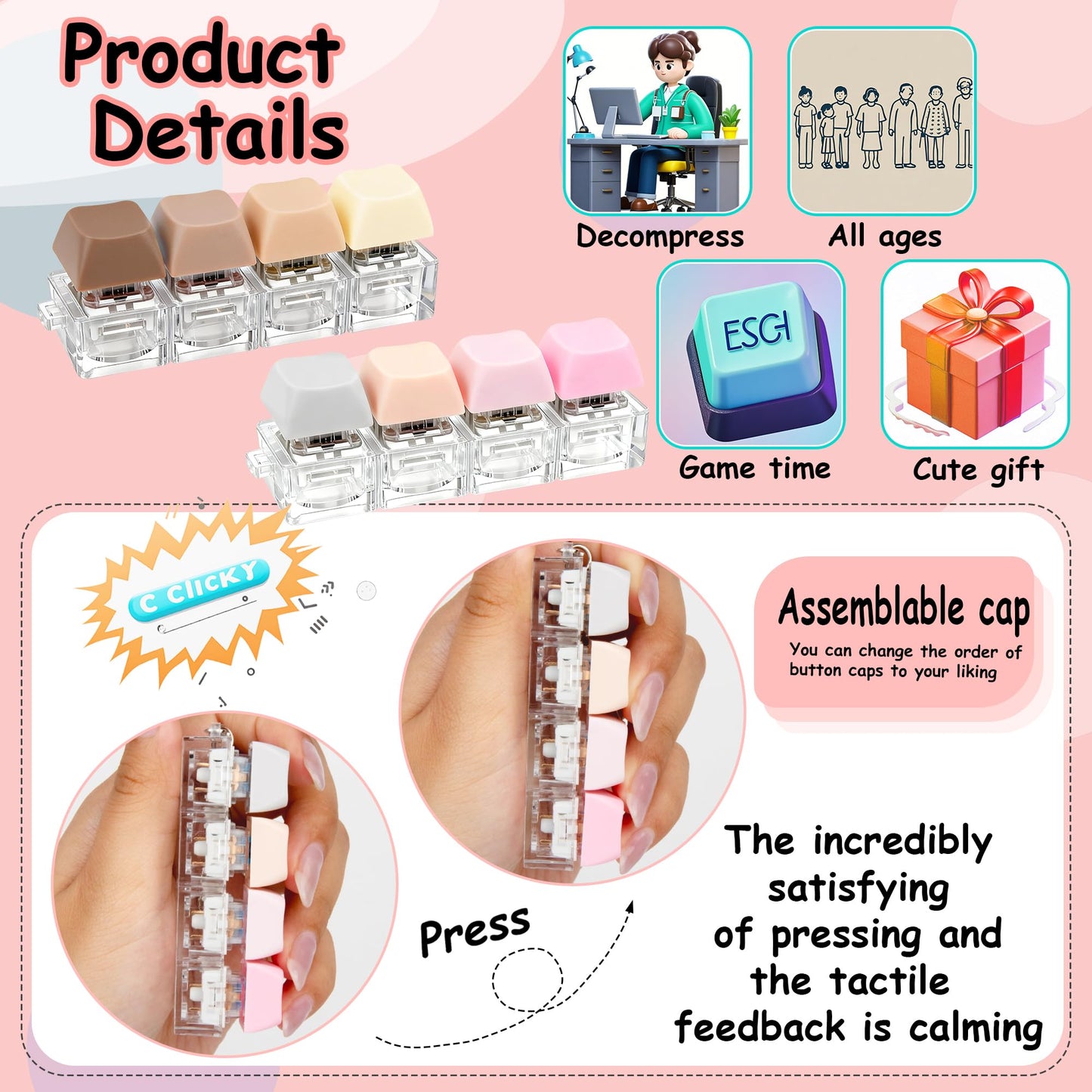 XiawaLangzhuo 2-Pack Keyboard Fidget Toy – 4-in-1 Button Keychain (Morandi)