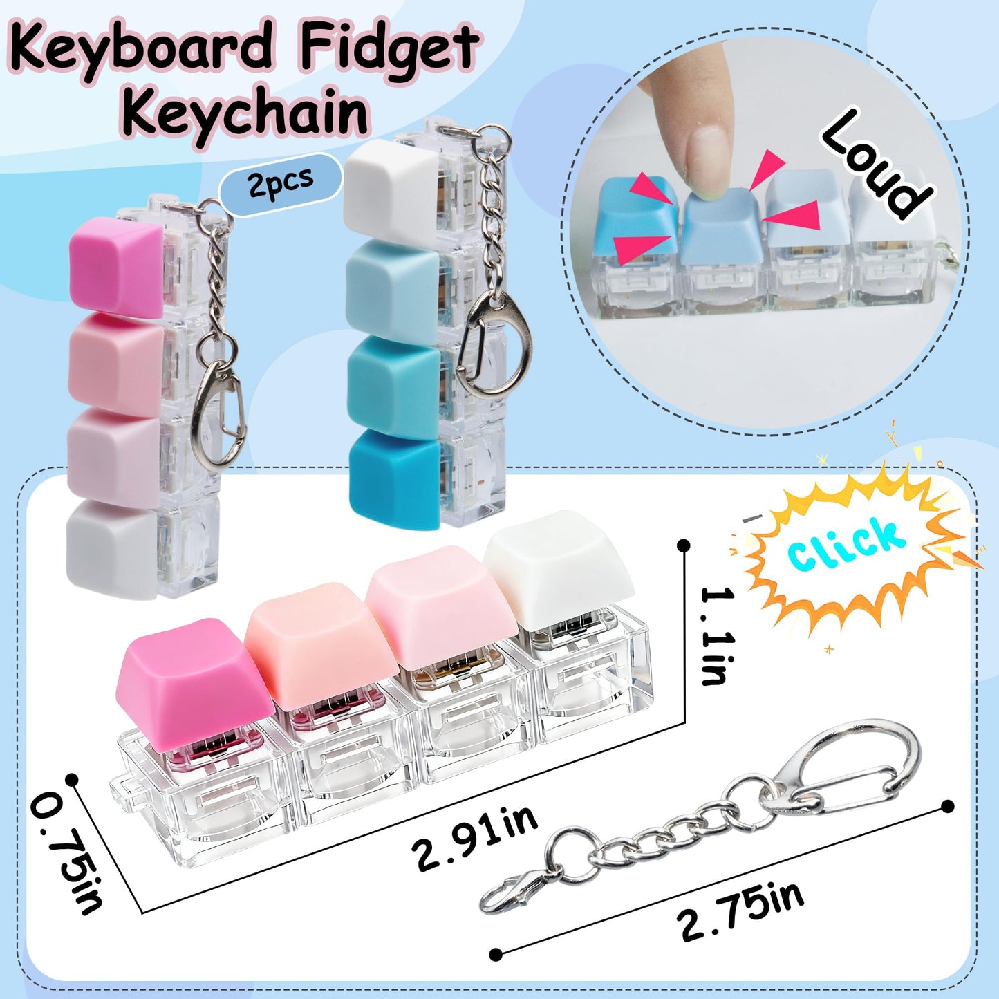 XiawaLangzhuo 2 Pcs Keyboard Fidget Toy – 4-in-1 Button Keychain for Stress Relief (Blue & Pink)