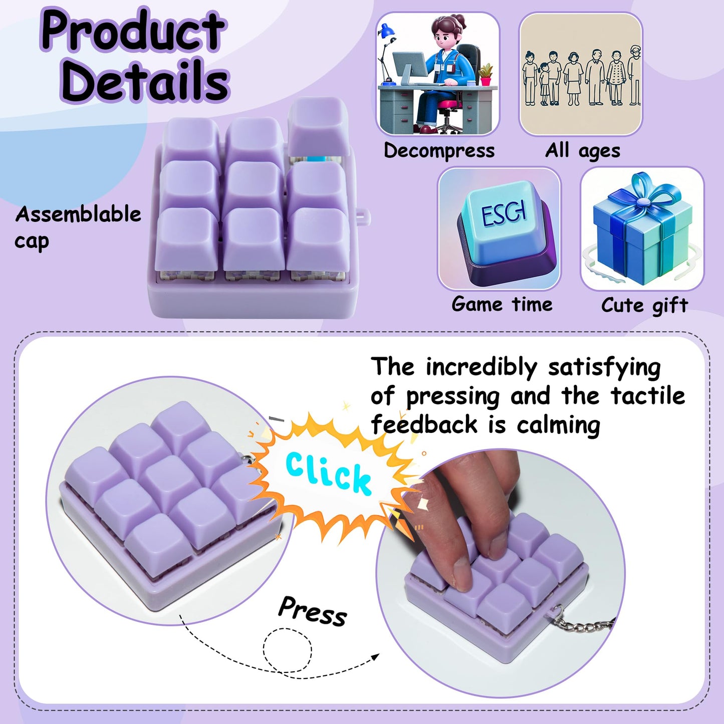 XiawaLangzhuo 9-in-1 Keyboard Fidget Toy – Purple Keychain