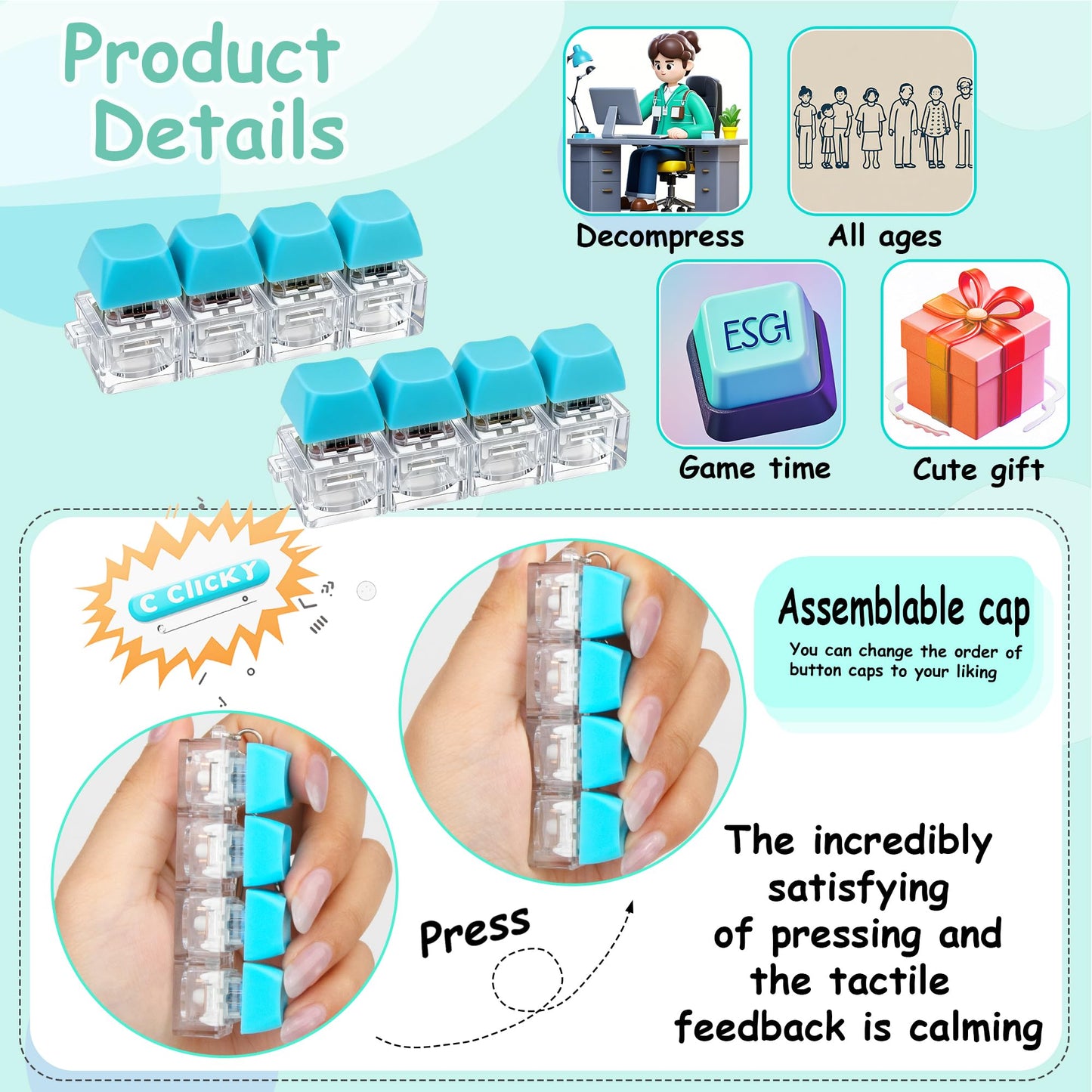 XiawaLangzhuo 2 Pcs Keyboard Fidget Toy – 4-in-1 Button Clicker for Focus and Calm (Blue)