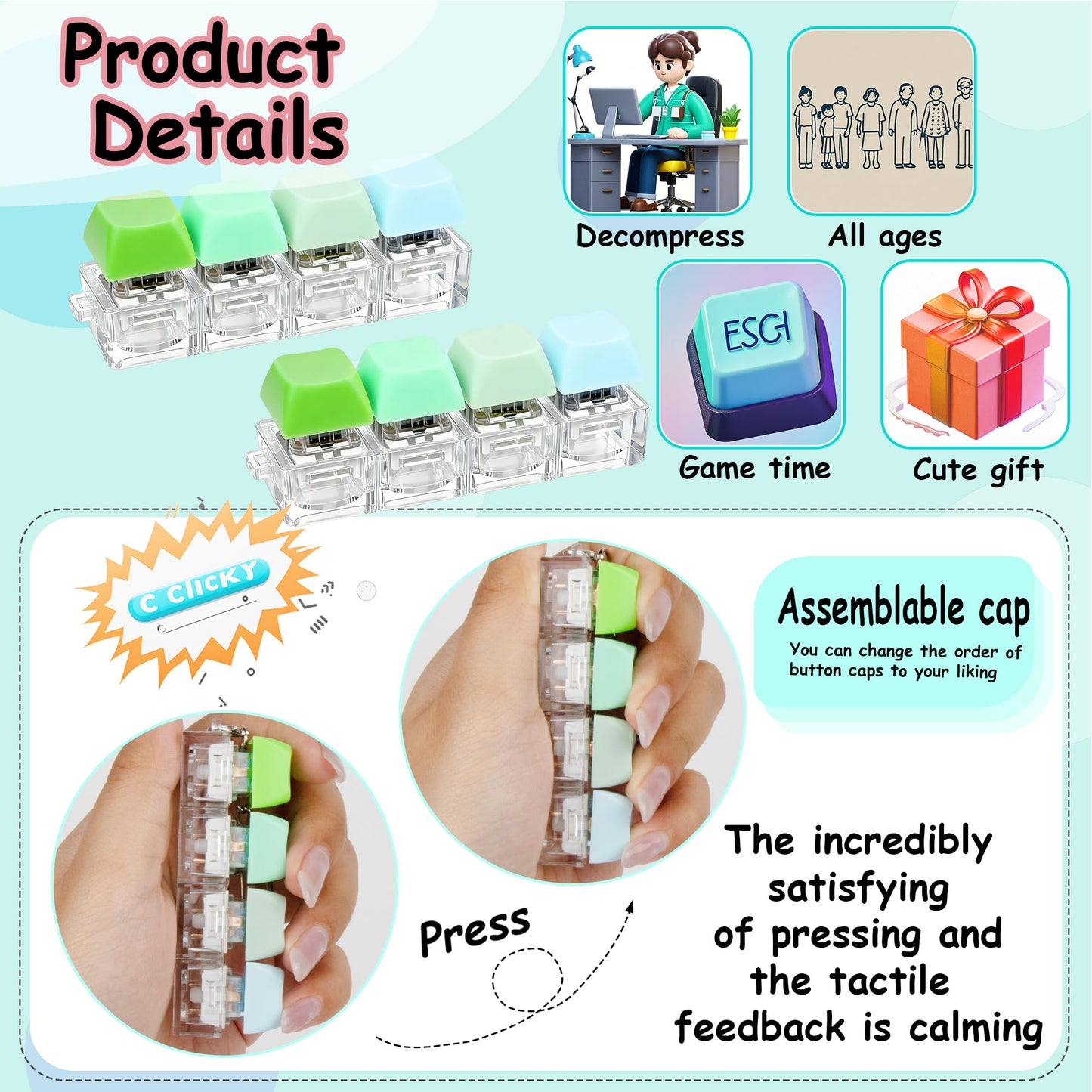 XiawaLangzhuo 2-Pcs Keyboard Fidget Toy – 4-in-1 Button Clicker Keychain (Green)