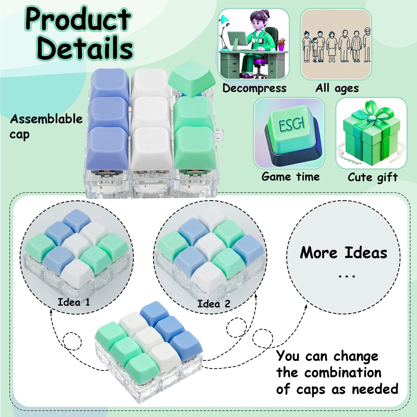 XiawaLangzhuo 9-in-1 Keyboard Fidget Toy – Decompression Button Keychain (Blue, White, Green)