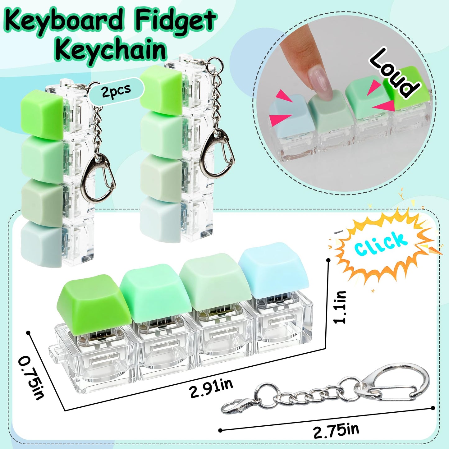 XiawaLangzhuo 2-Pcs Keyboard Fidget Toy – 4-in-1 Button Clicker Keychain (Green)